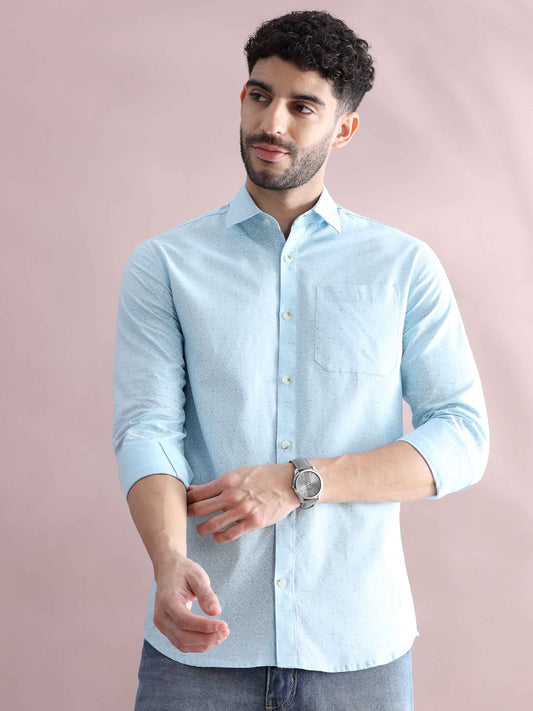 Mens Blue Printed Shirt