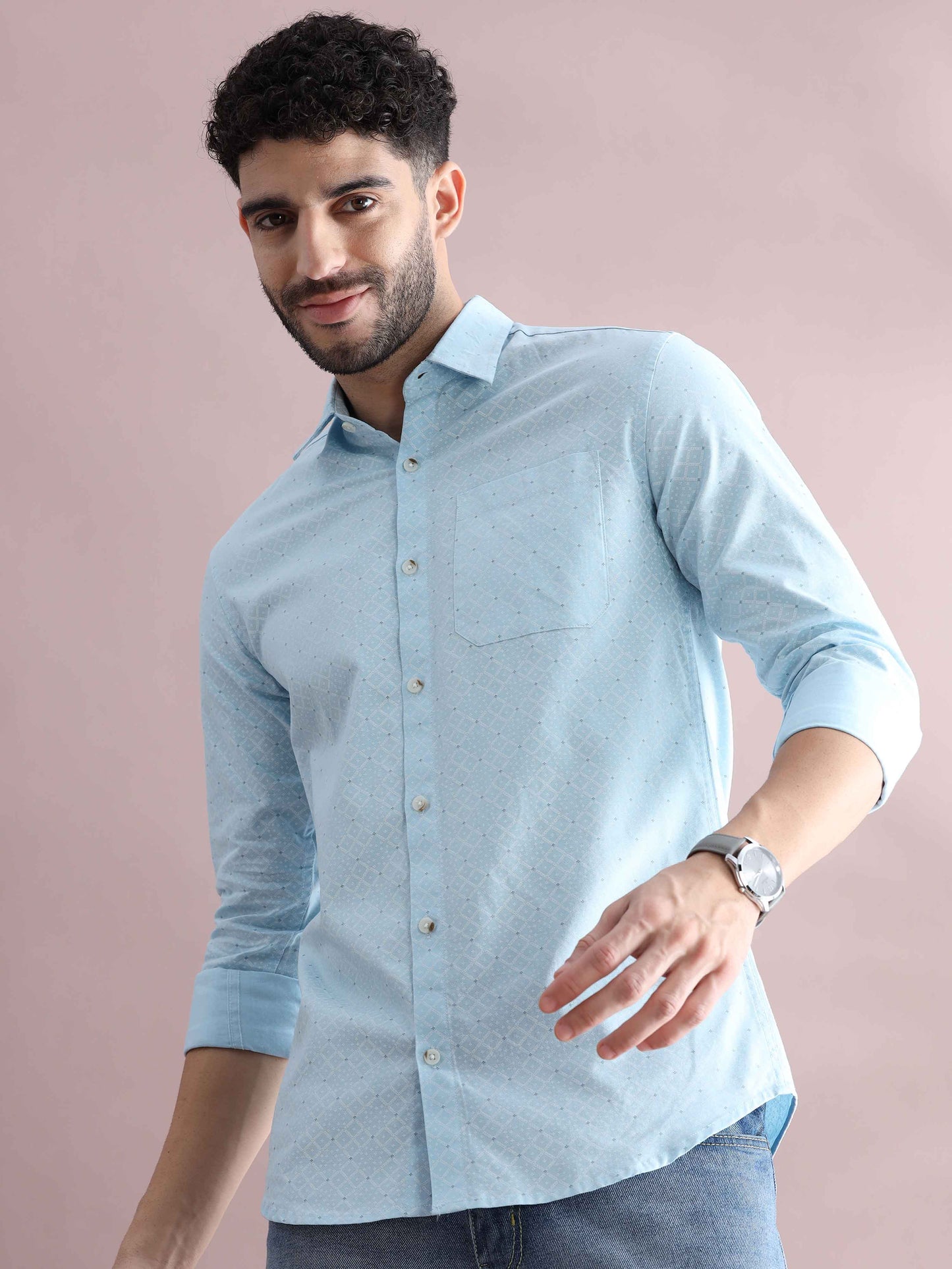 Mens Blue Printed Shirt