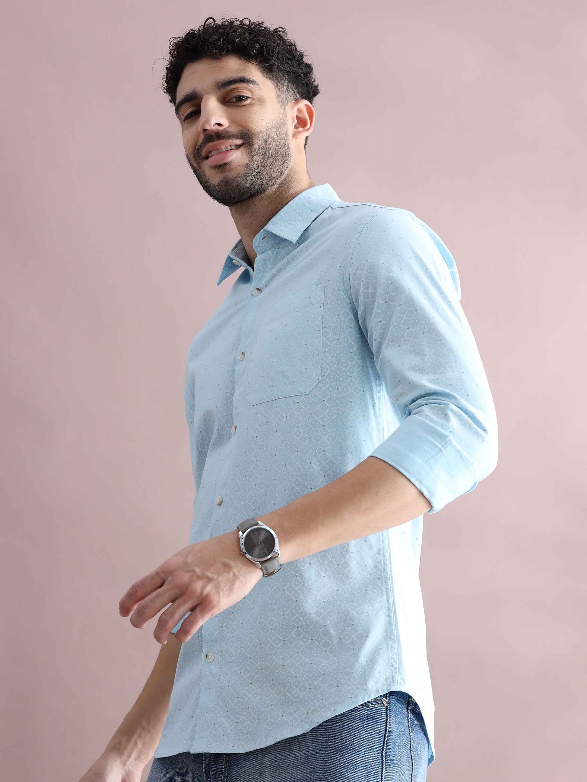 Mens Blue Printed Shirt