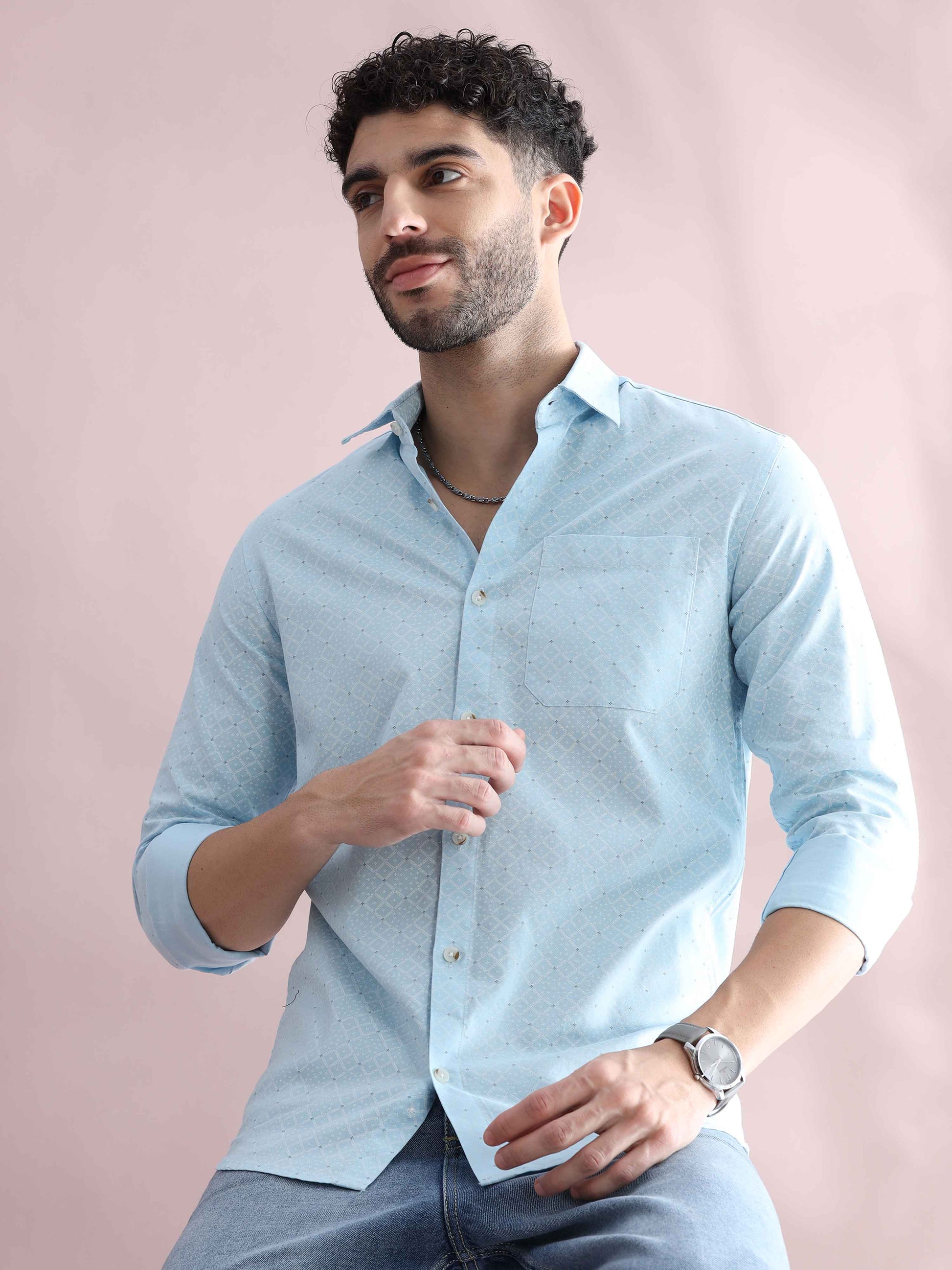 Mens Blue Printed Shirt