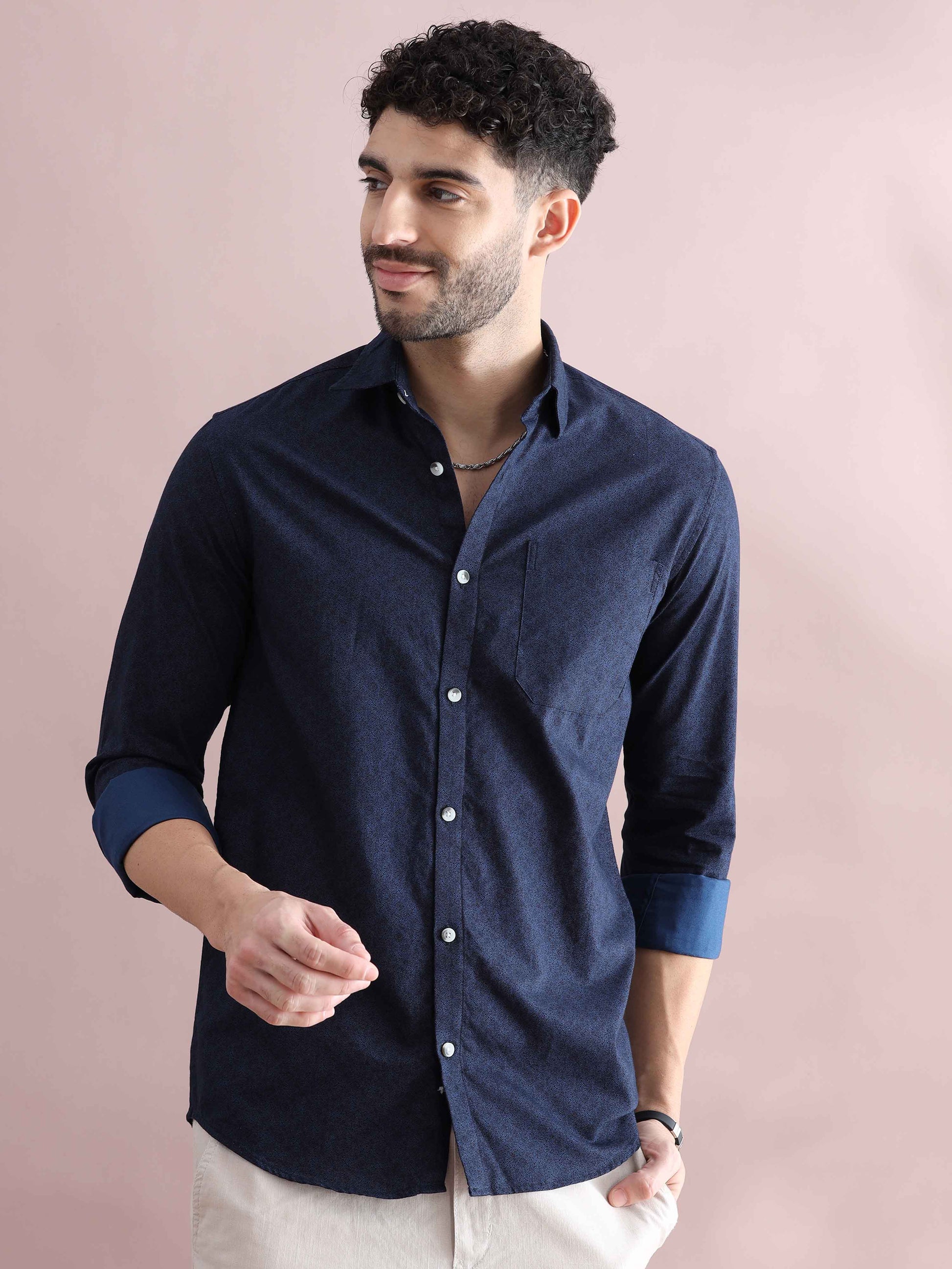 Navy Blue Printed Shirt for Men