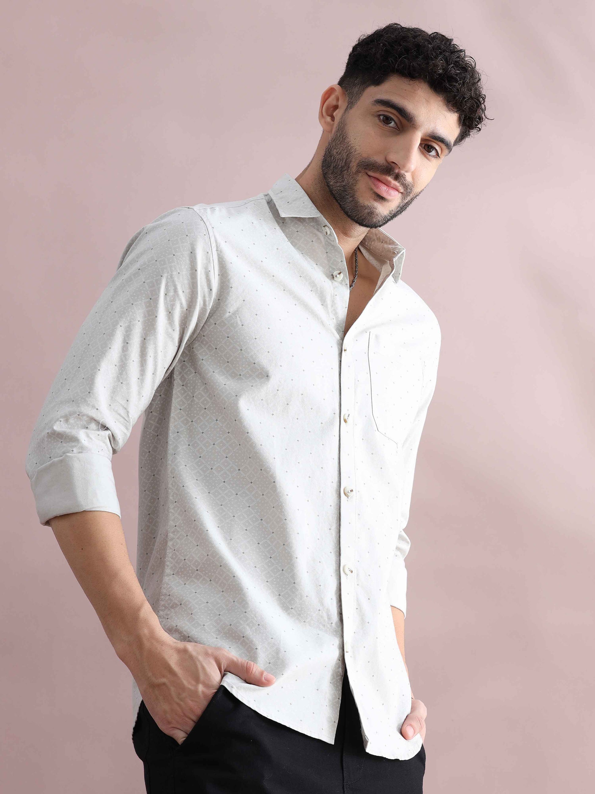 Mens Printed Light Grey Shirt