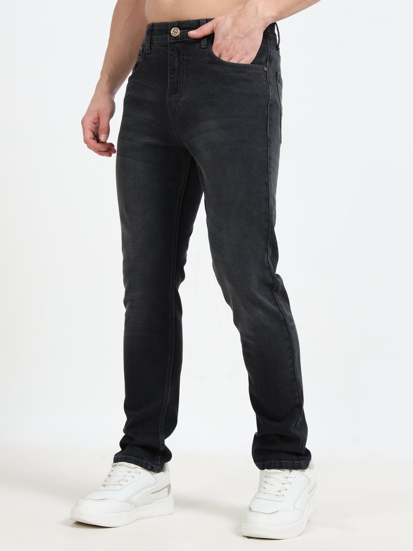 Men's Faded Black Ankle Fit Solid Mid-Rise Jeans