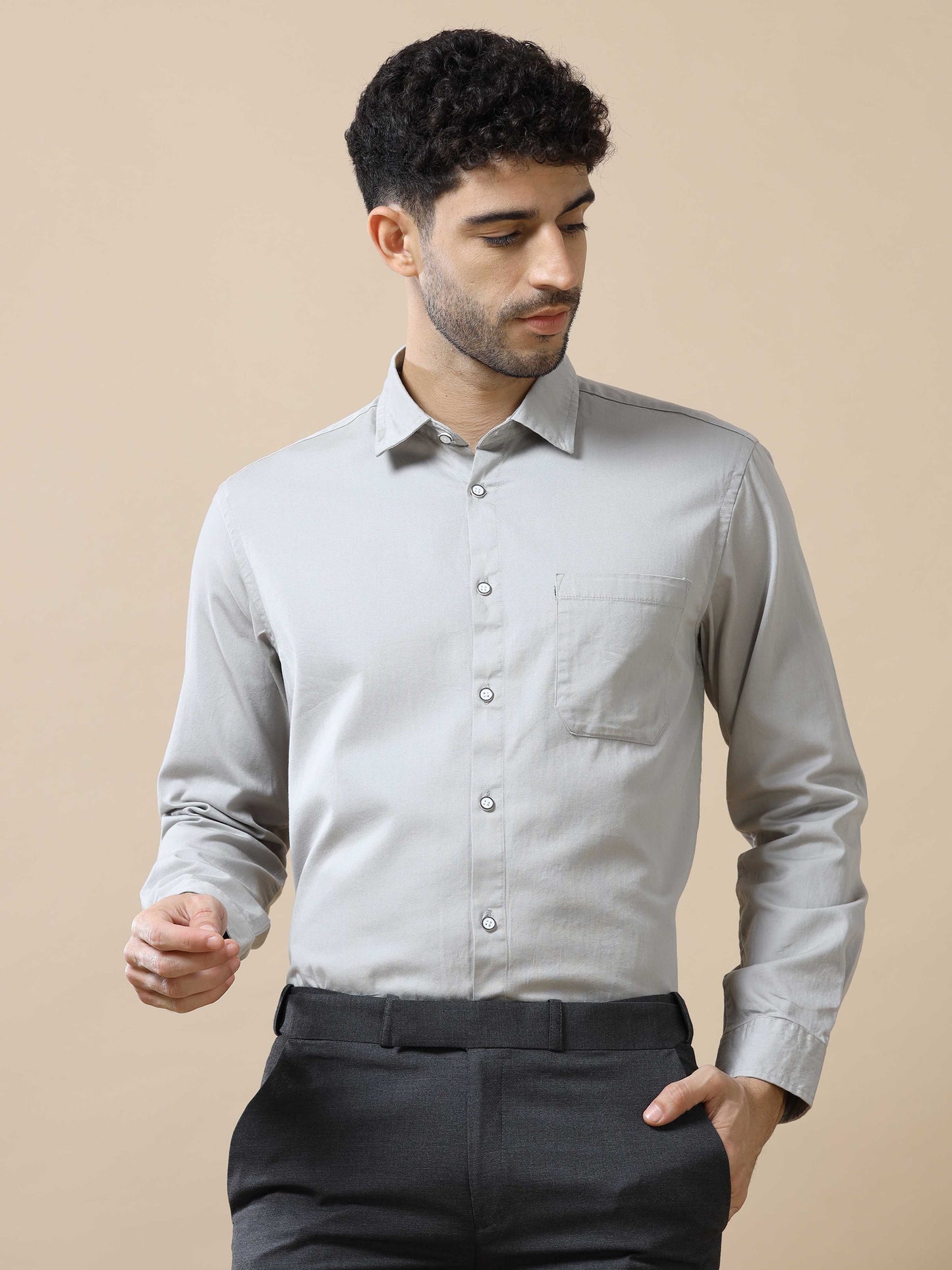 Grey Solid Cotton Shirt