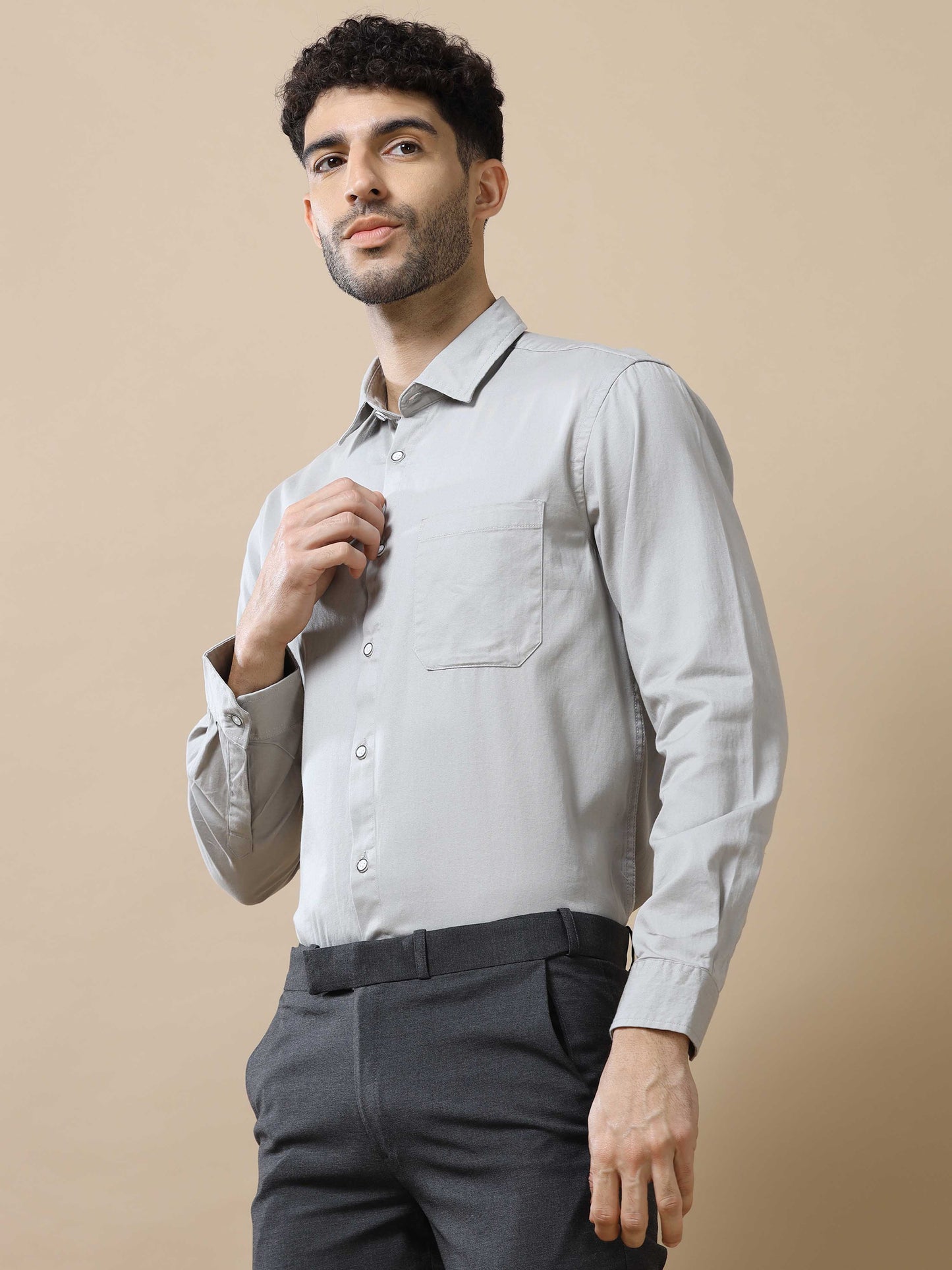 Grey Solid Cotton Shirt