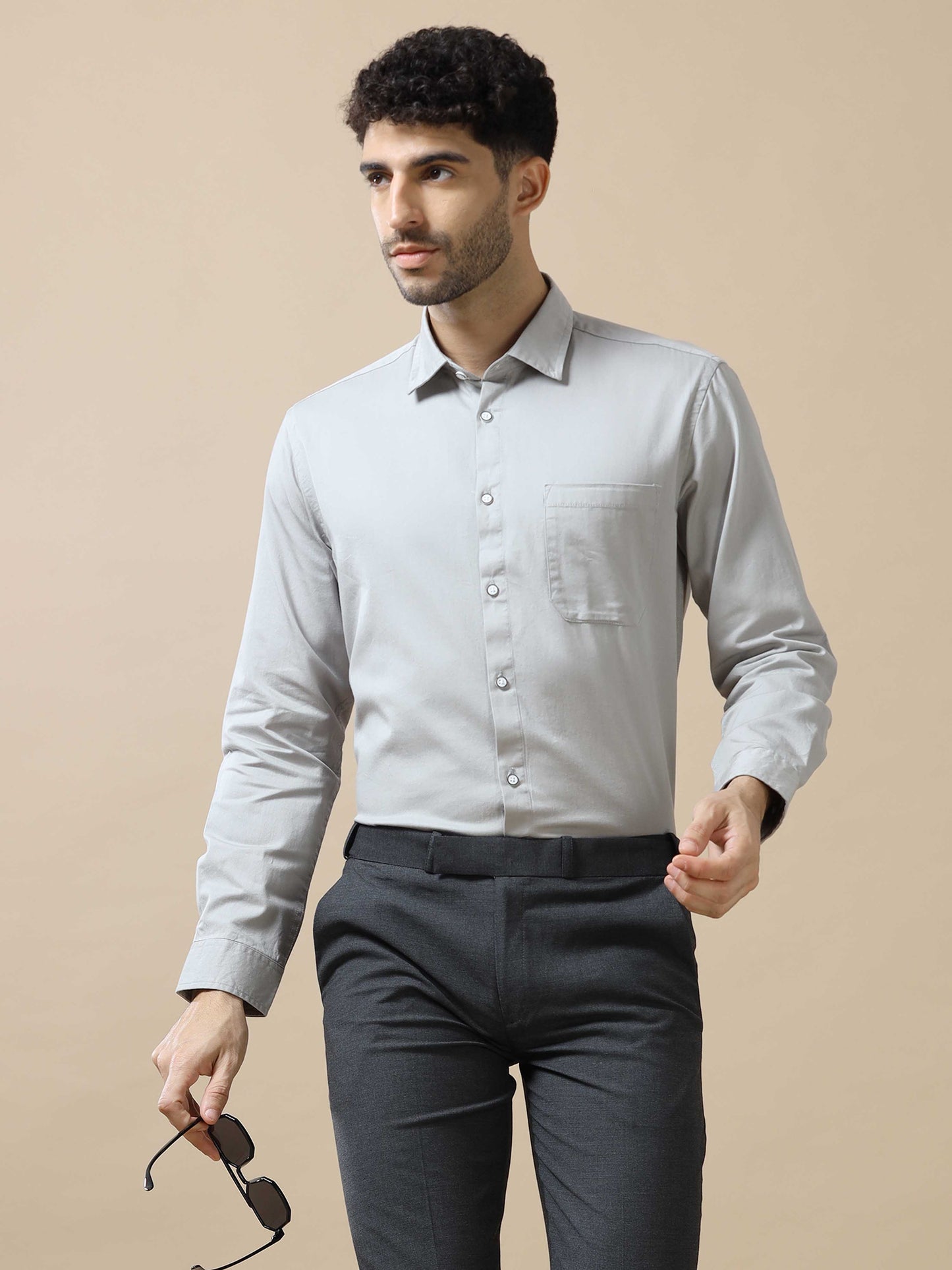 Grey Solid Cotton Shirt