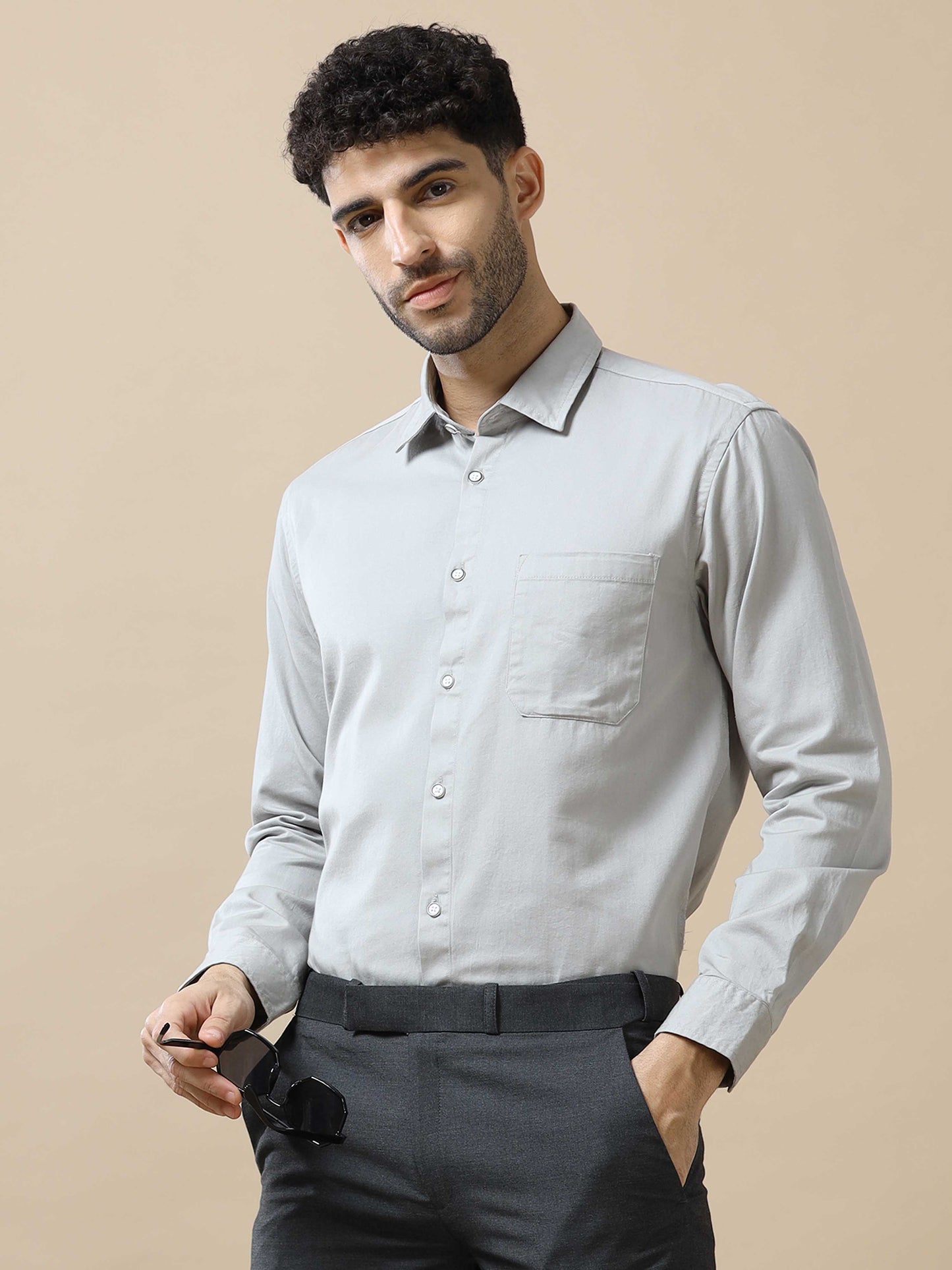 Grey Solid Cotton Shirt