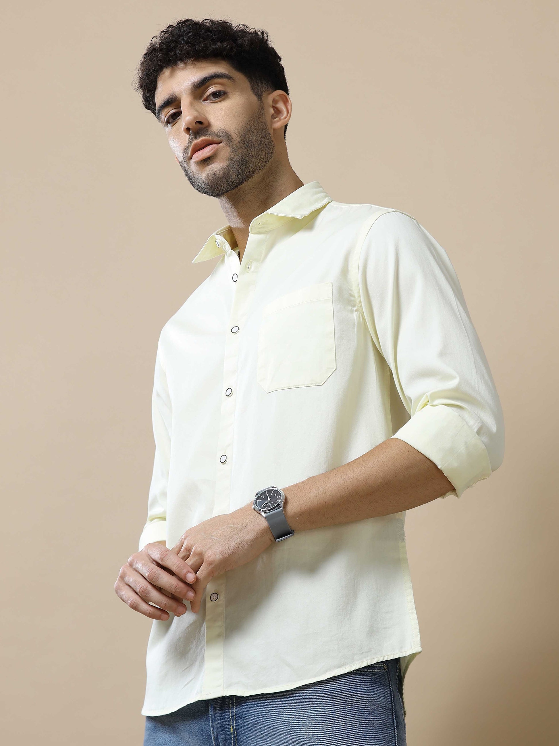 Solid Cotton Beige Shirt for Men