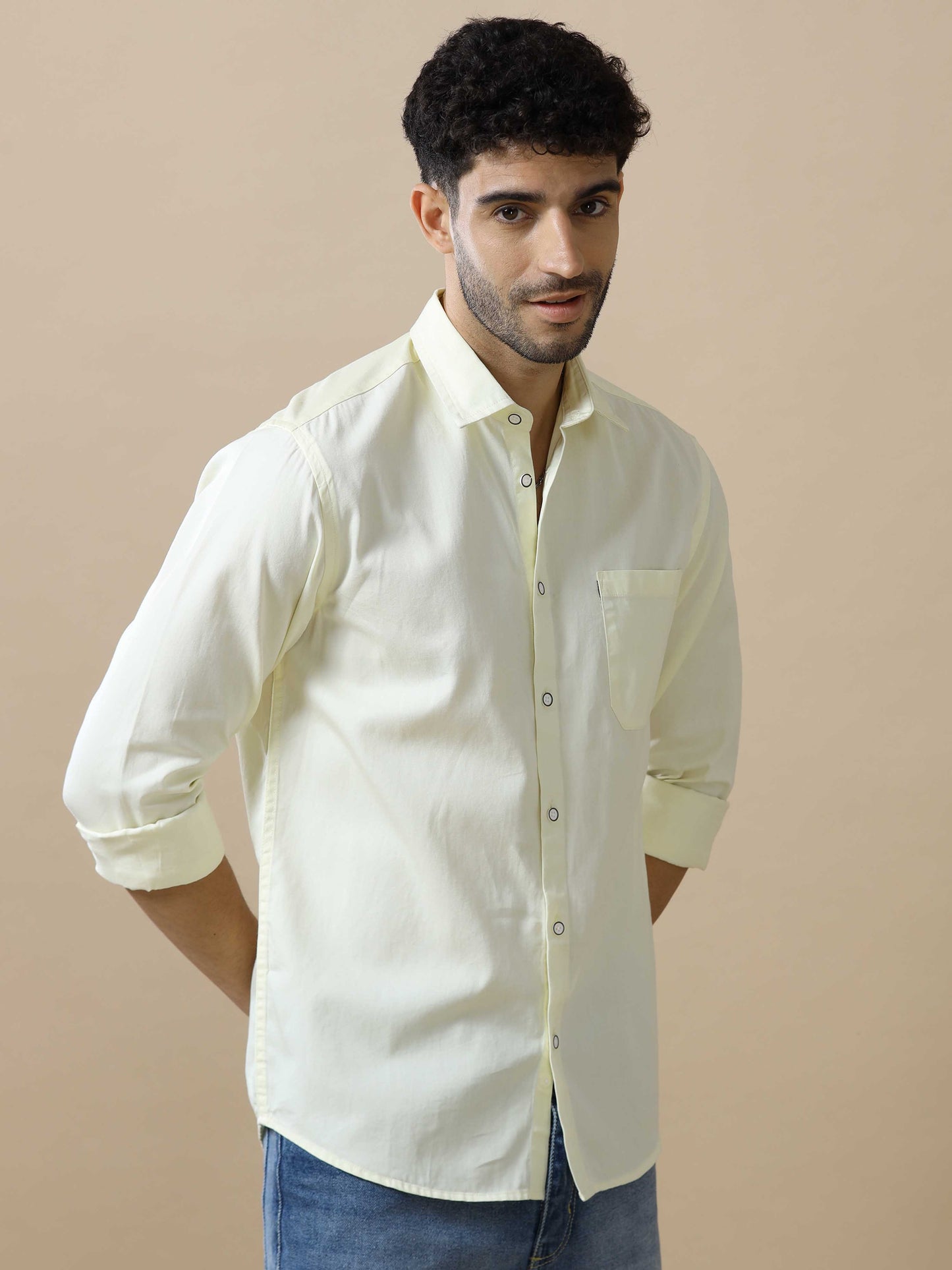 Solid Cotton Beige Shirt for Men