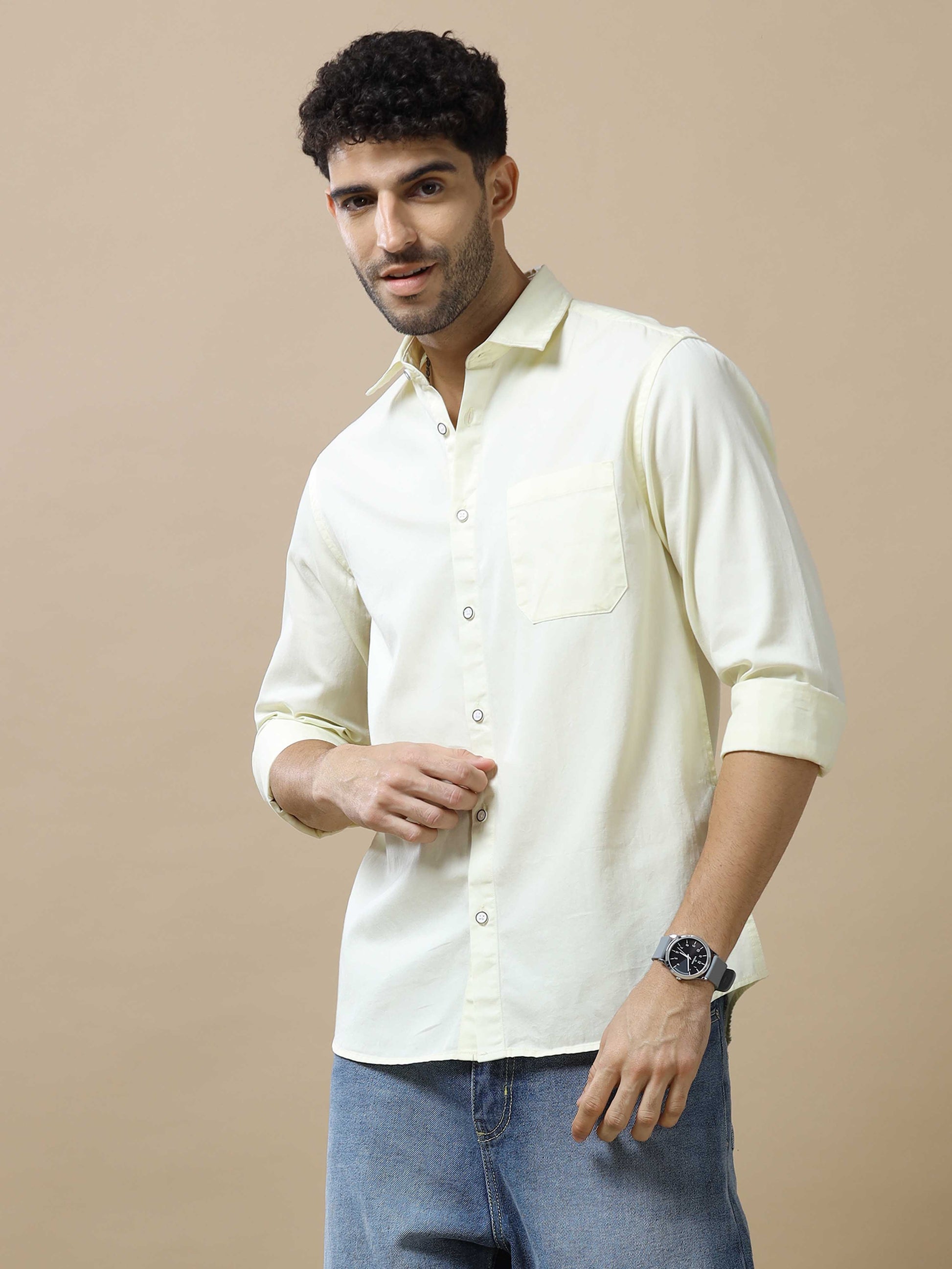 Solid Cotton Beige Shirt for Men