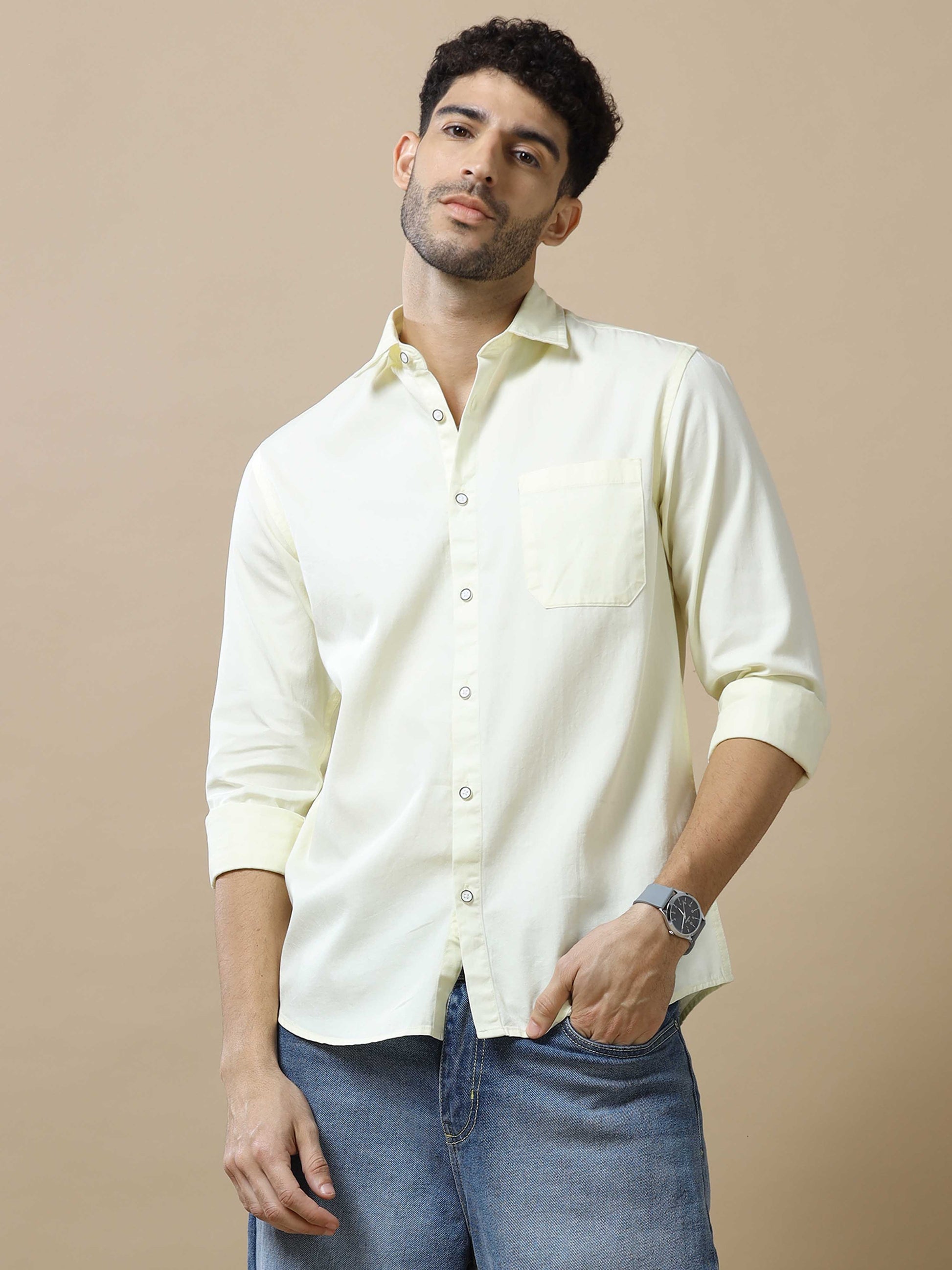 Solid Cotton Beige Shirt for Men