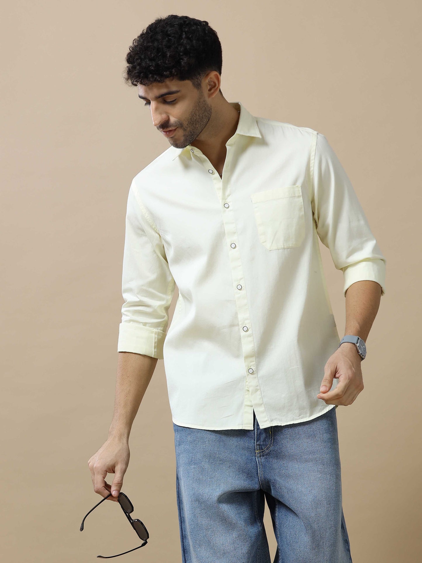 Solid Cotton Beige Shirt for Men