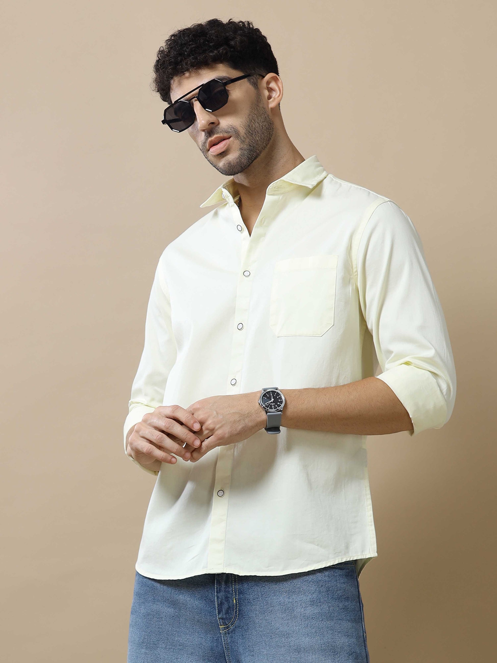 Solid Cotton Beige Shirt for Men