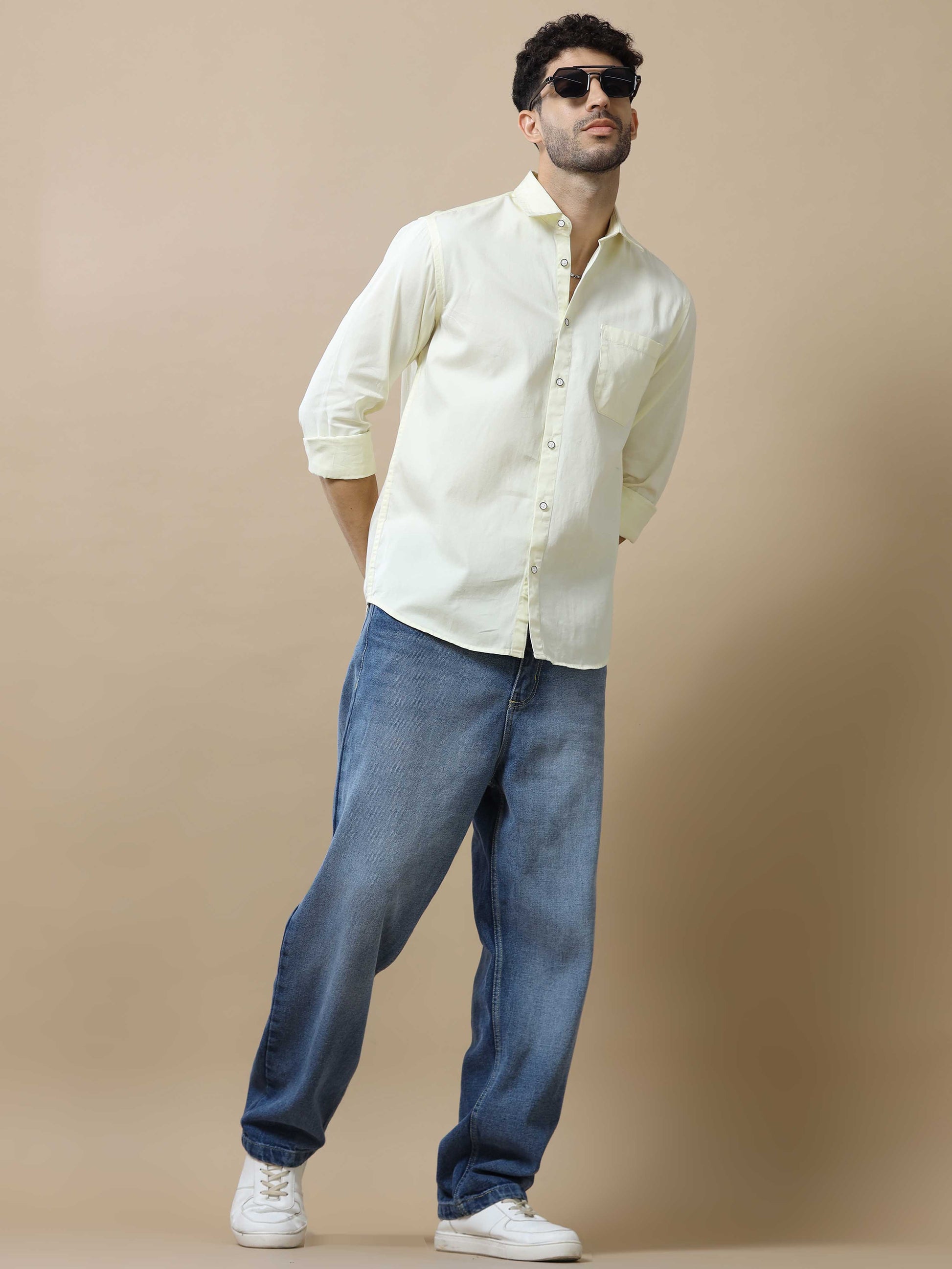 Solid Cotton Beige Shirt for Men