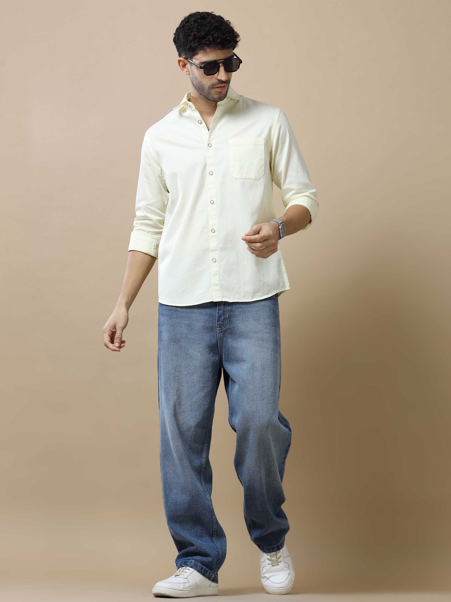 Solid Cotton Beige Shirt for Men