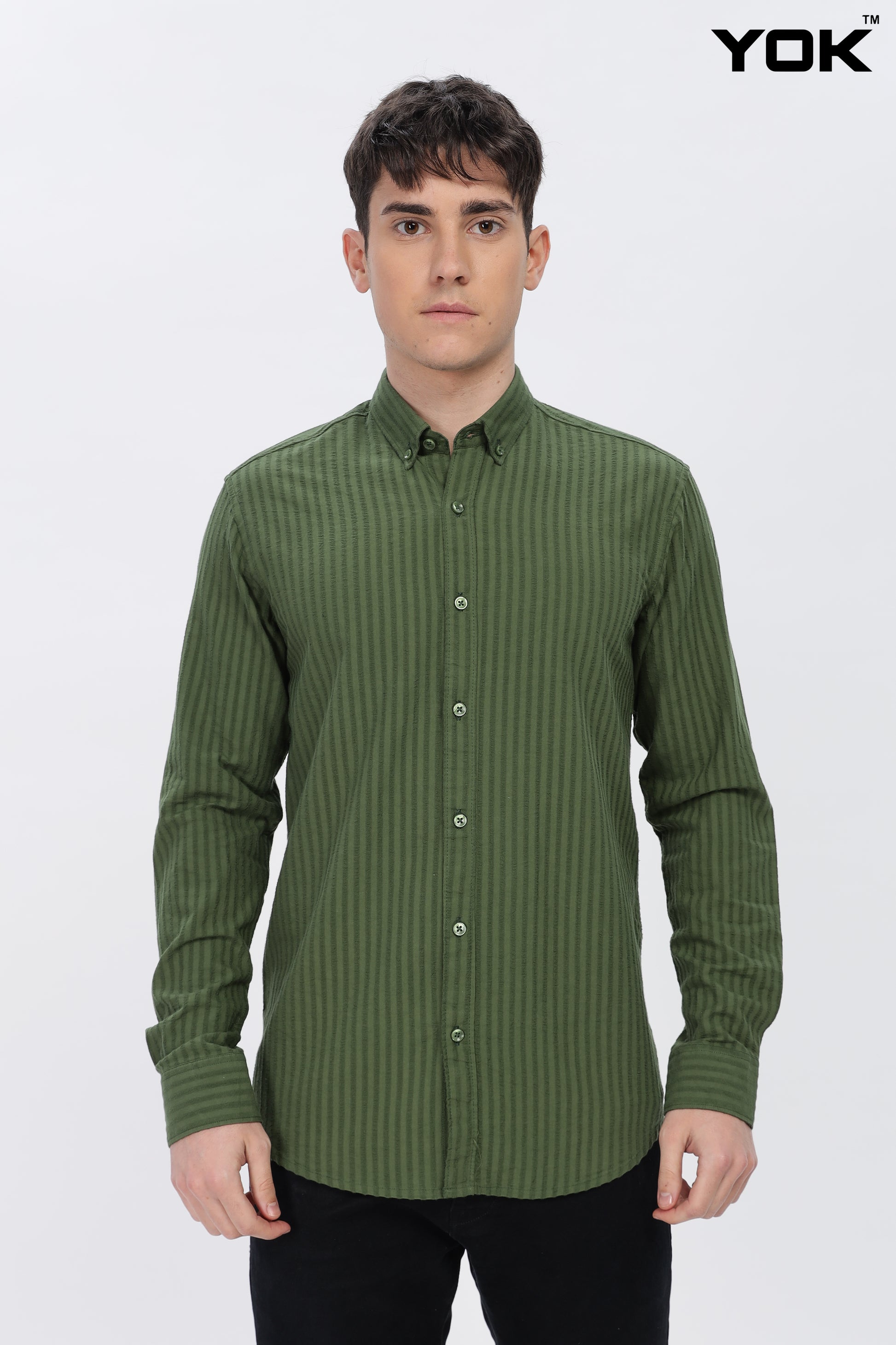 Olive Green Verticle Stripe Shirt for Men 