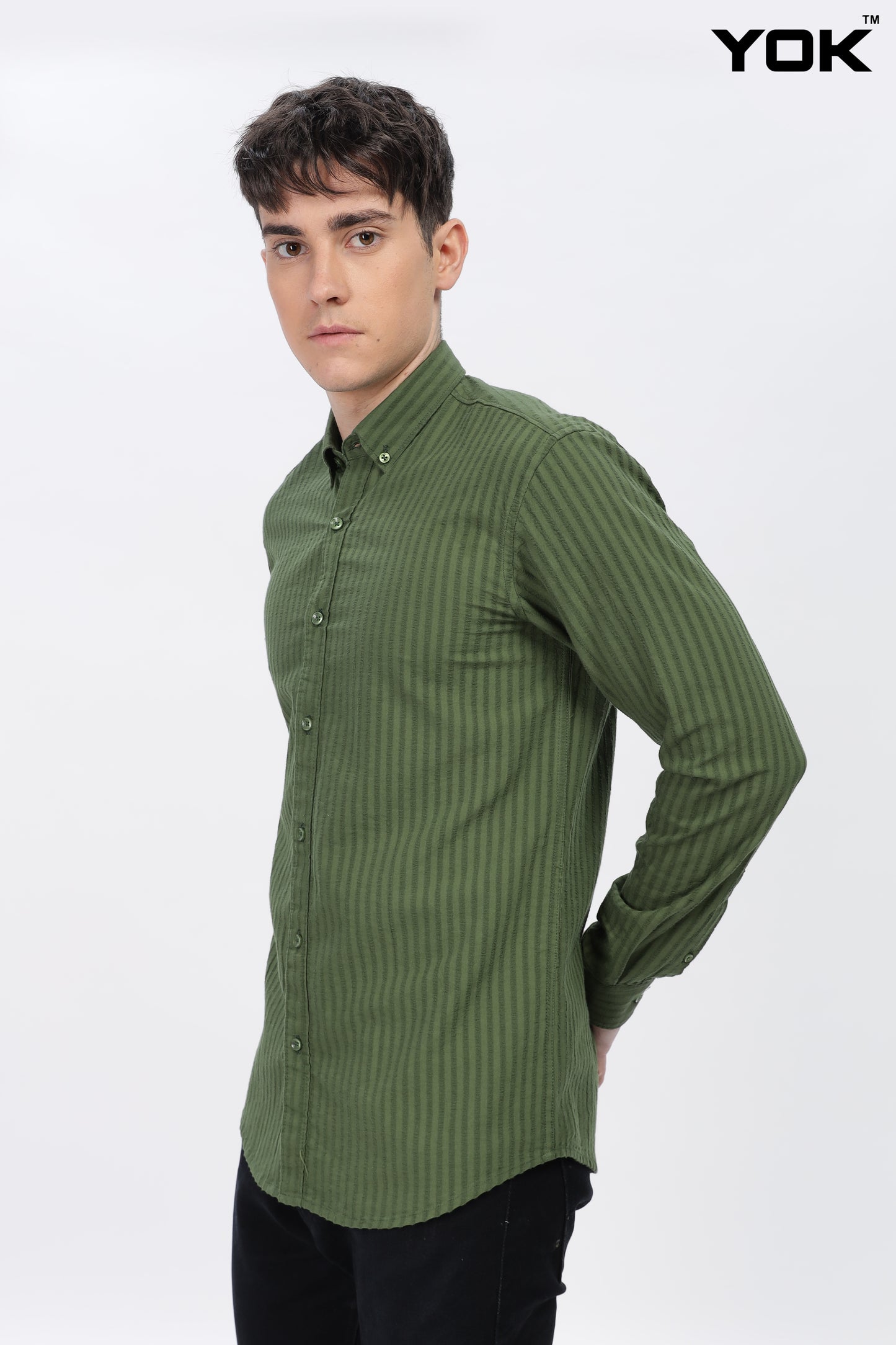 Olive Green Verticle Stripe Shirt for Men 