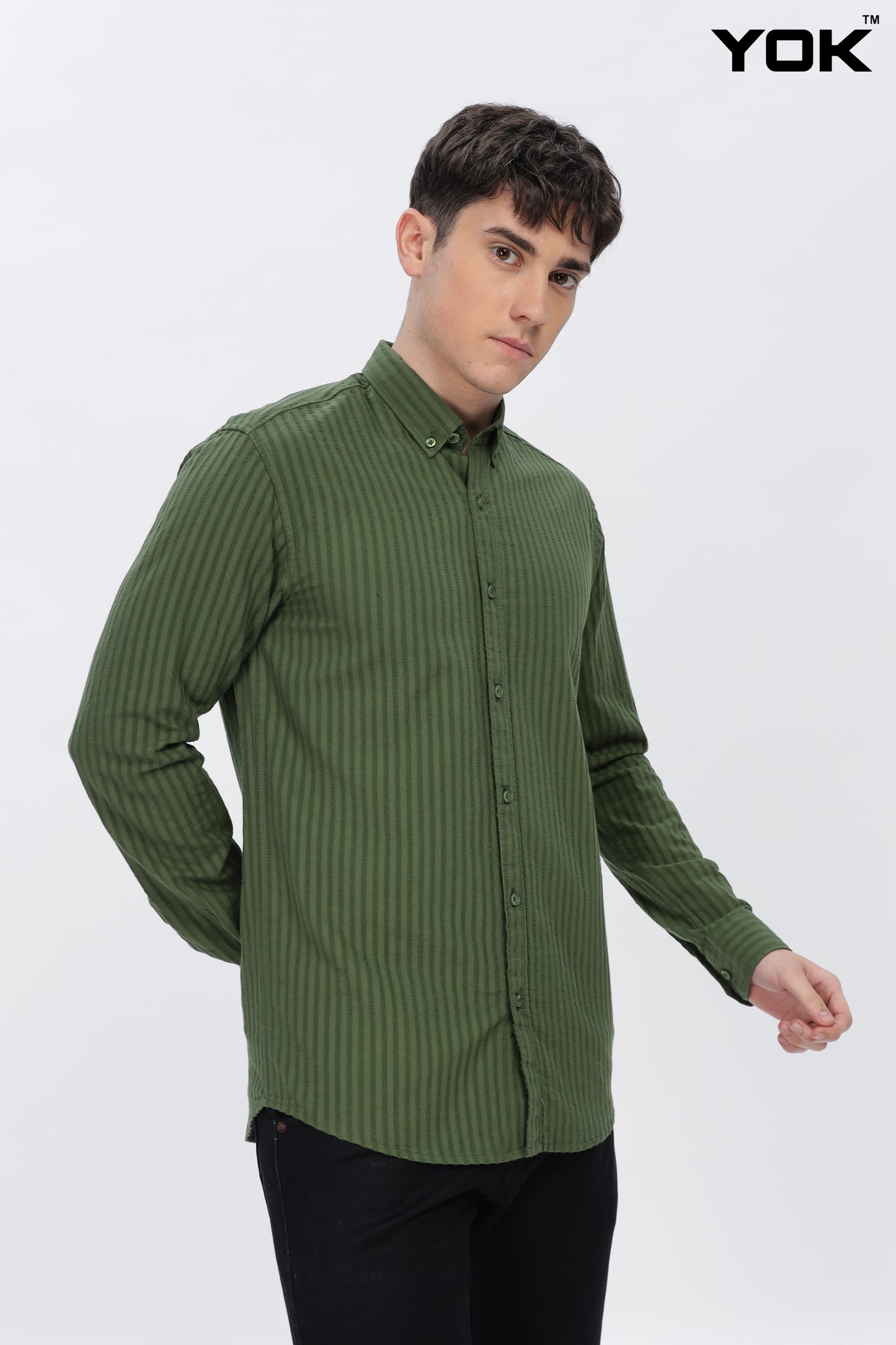 Olive Green Verticle Stripe Shirt for Men 