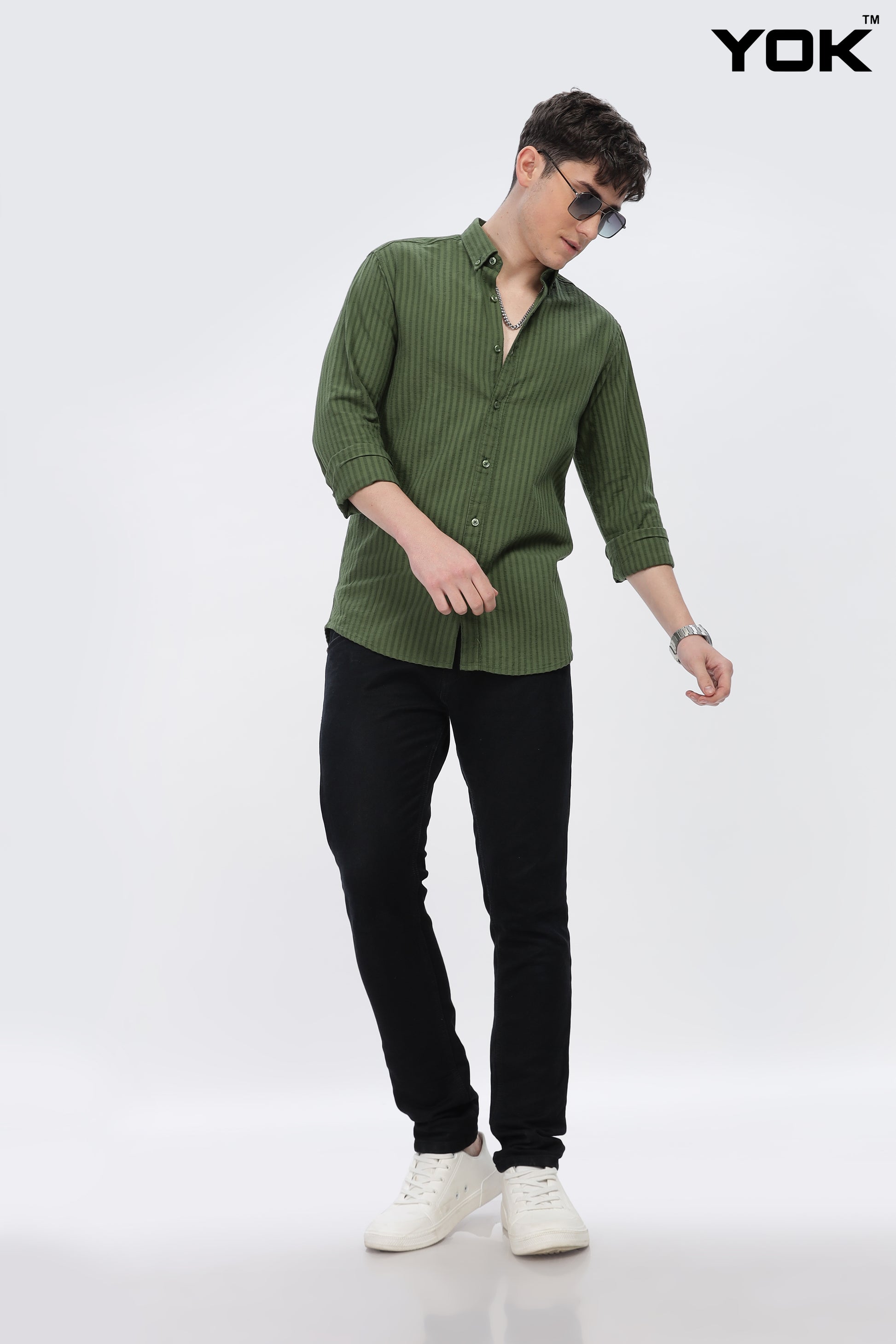 Olive Green Verticle Stripe Shirt for Men 