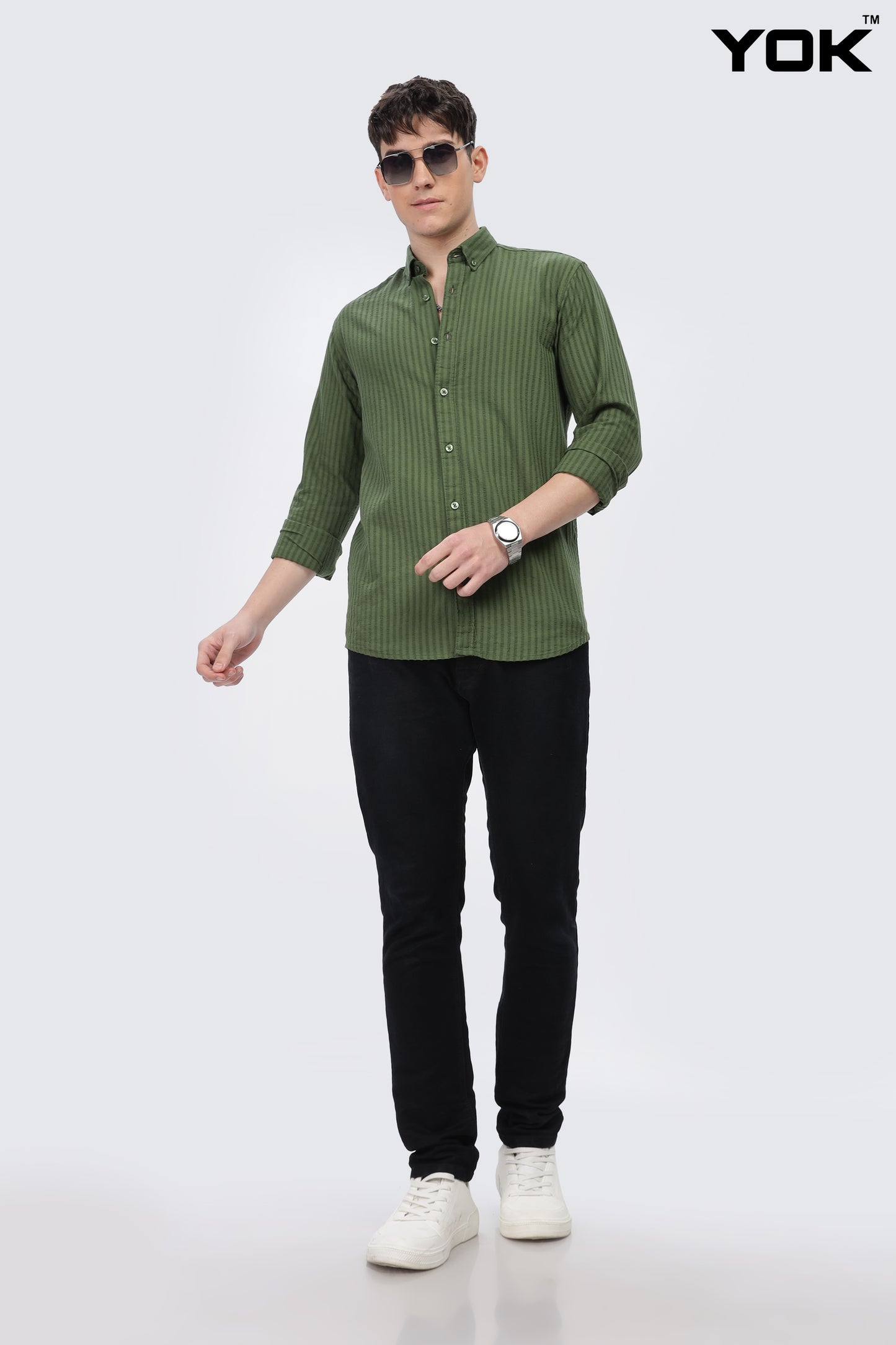 Olive Green Verticle Stripe Shirt for Men 