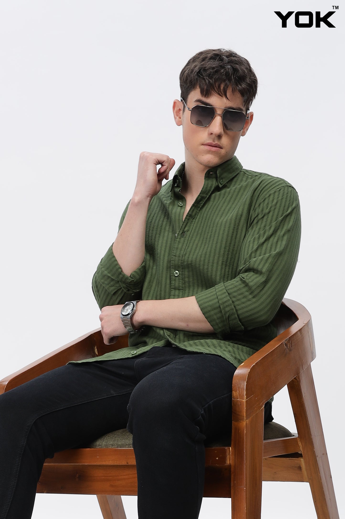 Olive Green Verticle Stripe Shirt for Men 