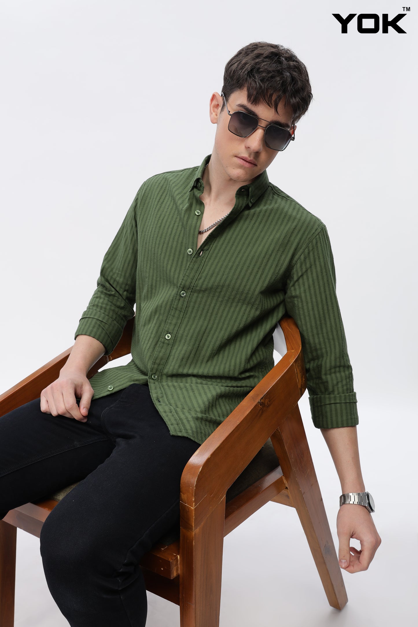 Olive Green Verticle Stripe Shirt for Men 