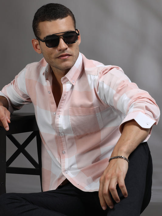 Light Pink and White Check Shirt for Men 