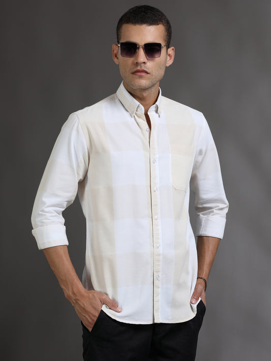 Light Yellow and White Check Shirt for Men