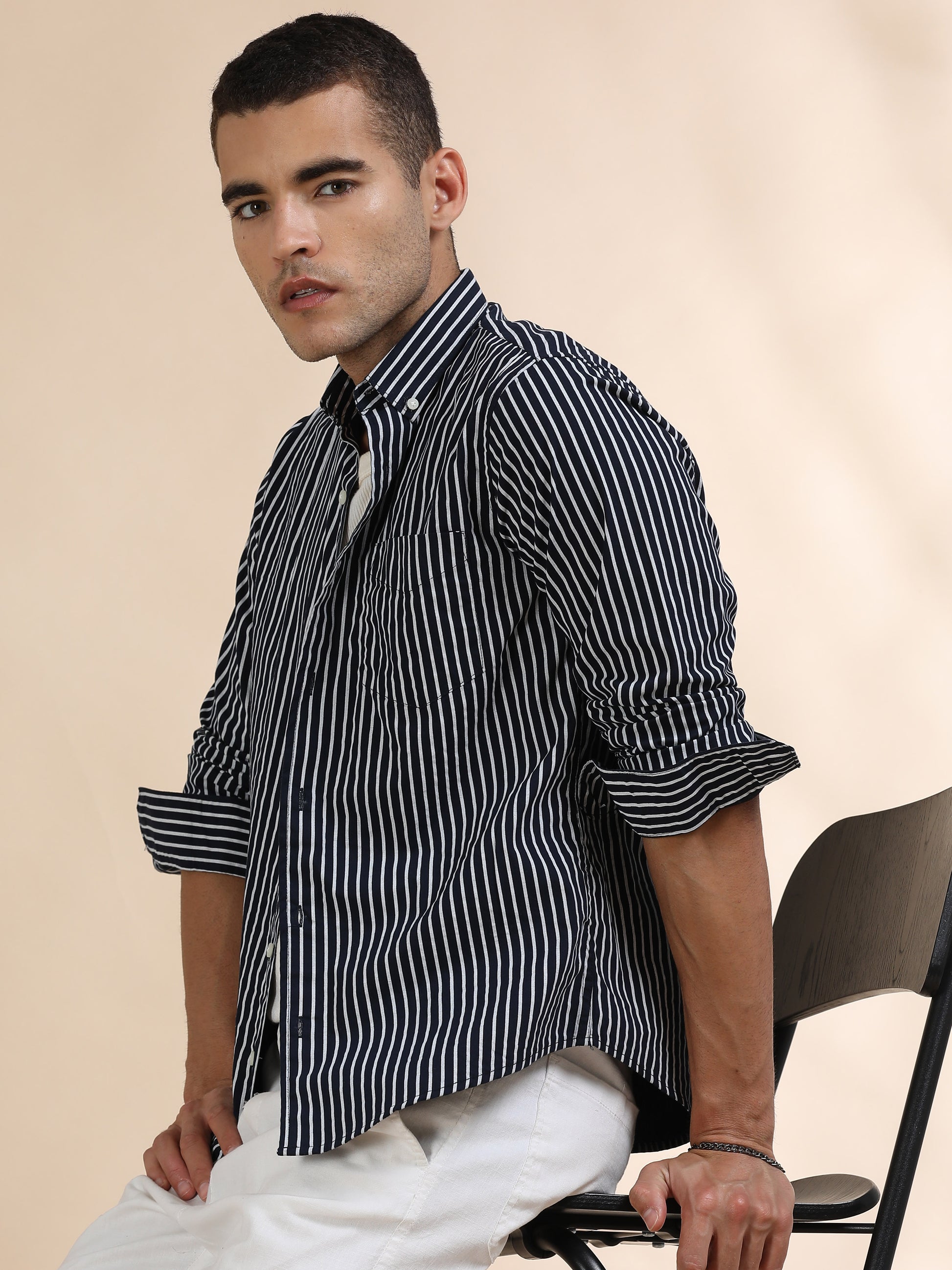 Black and White Verticle Striped Shirt for Men