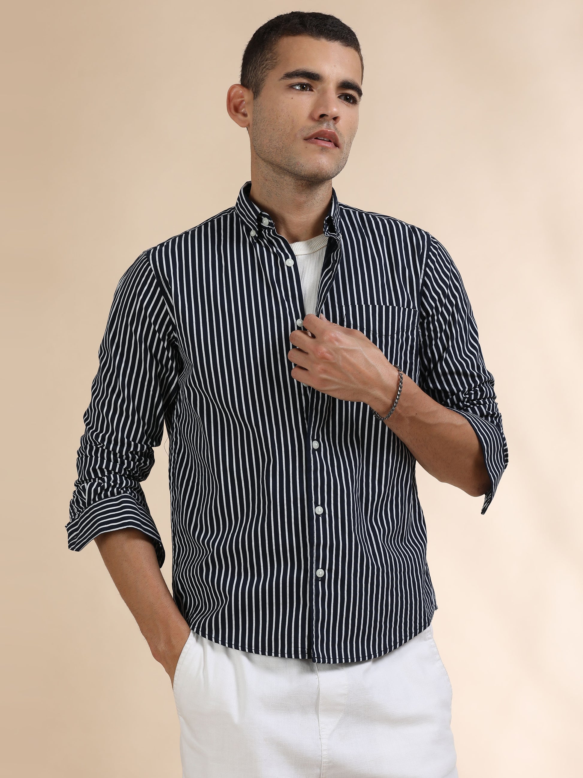 Black and White Verticle Striped Shirt for Men