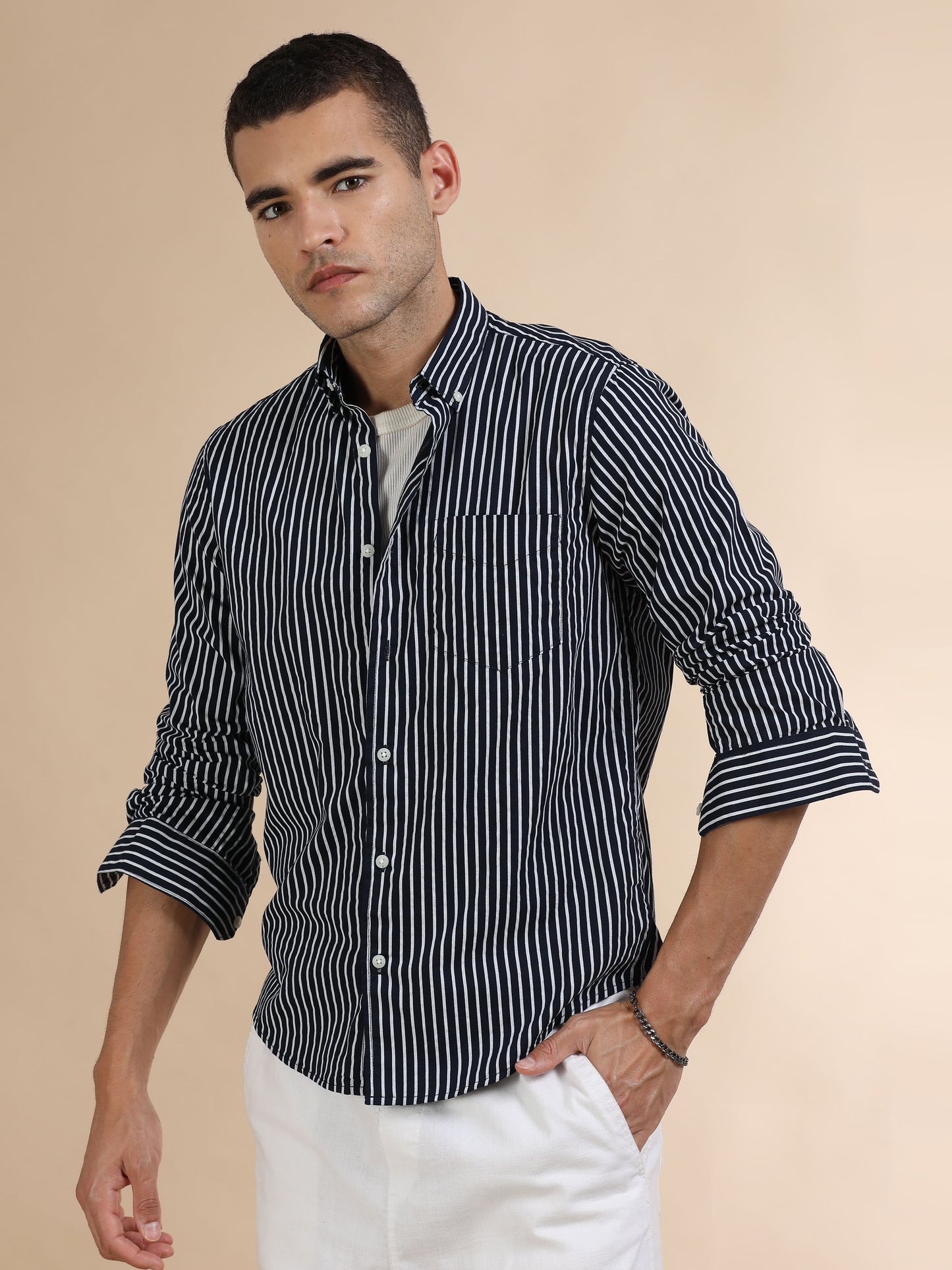 Black and White Verticle Striped Shirt for Men