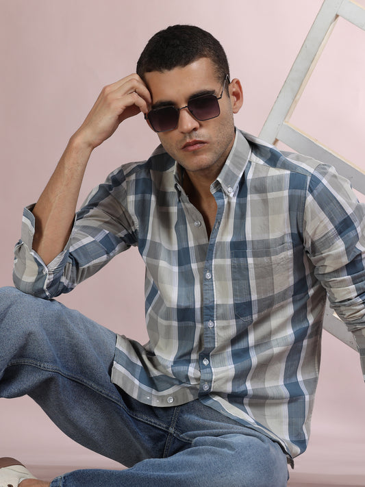  Beige and Blue Check Shirt for Men