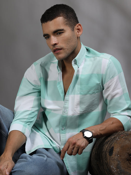 Light Green and White Check Shirt for Men