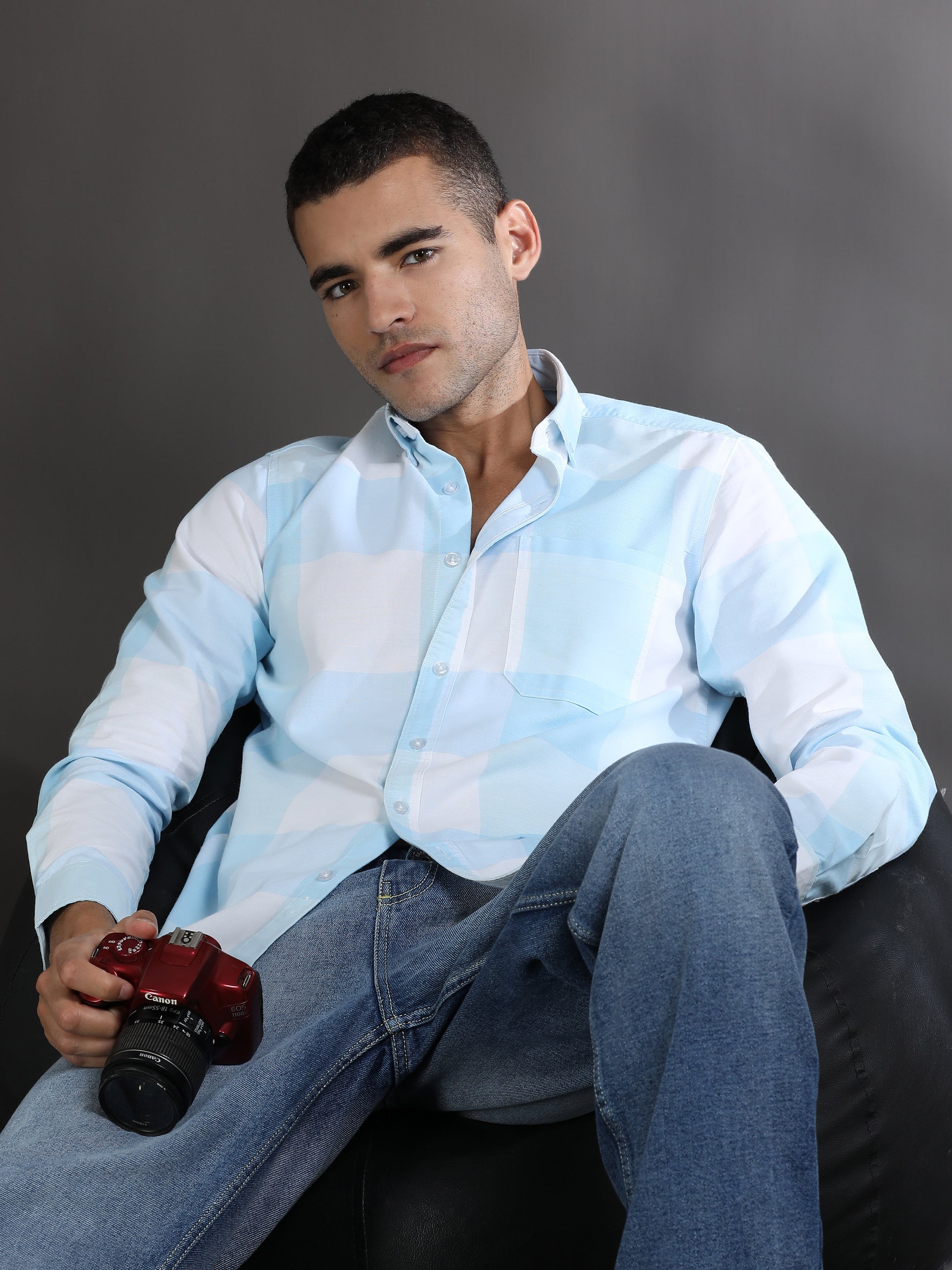 Light Blue and White Check Shirt for Men