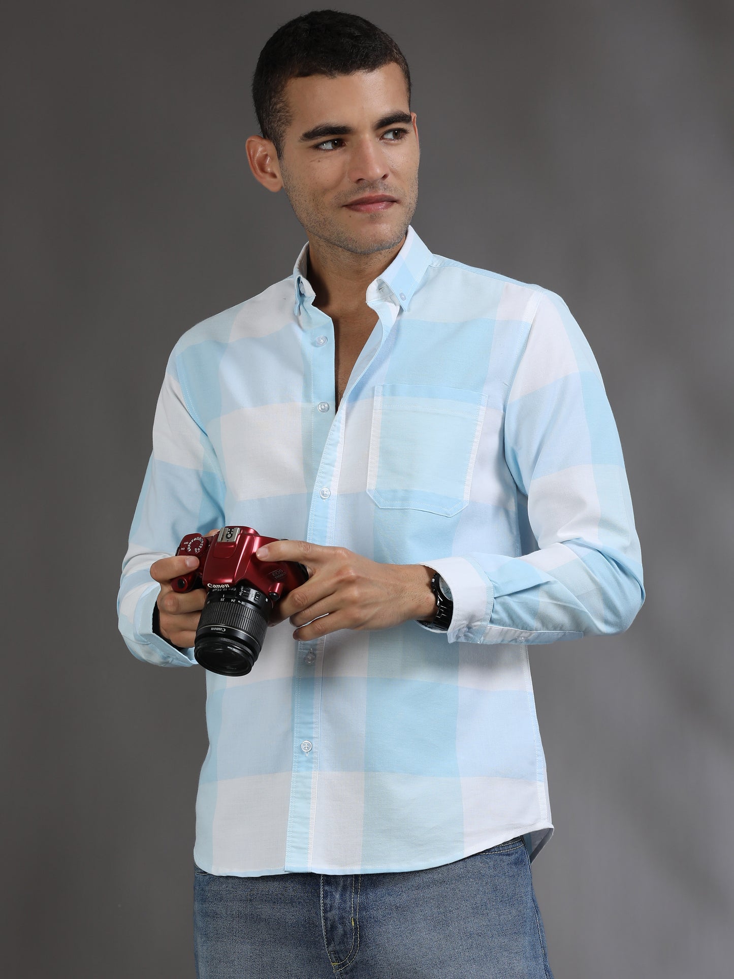 Light Blue and White Check Shirt for Men