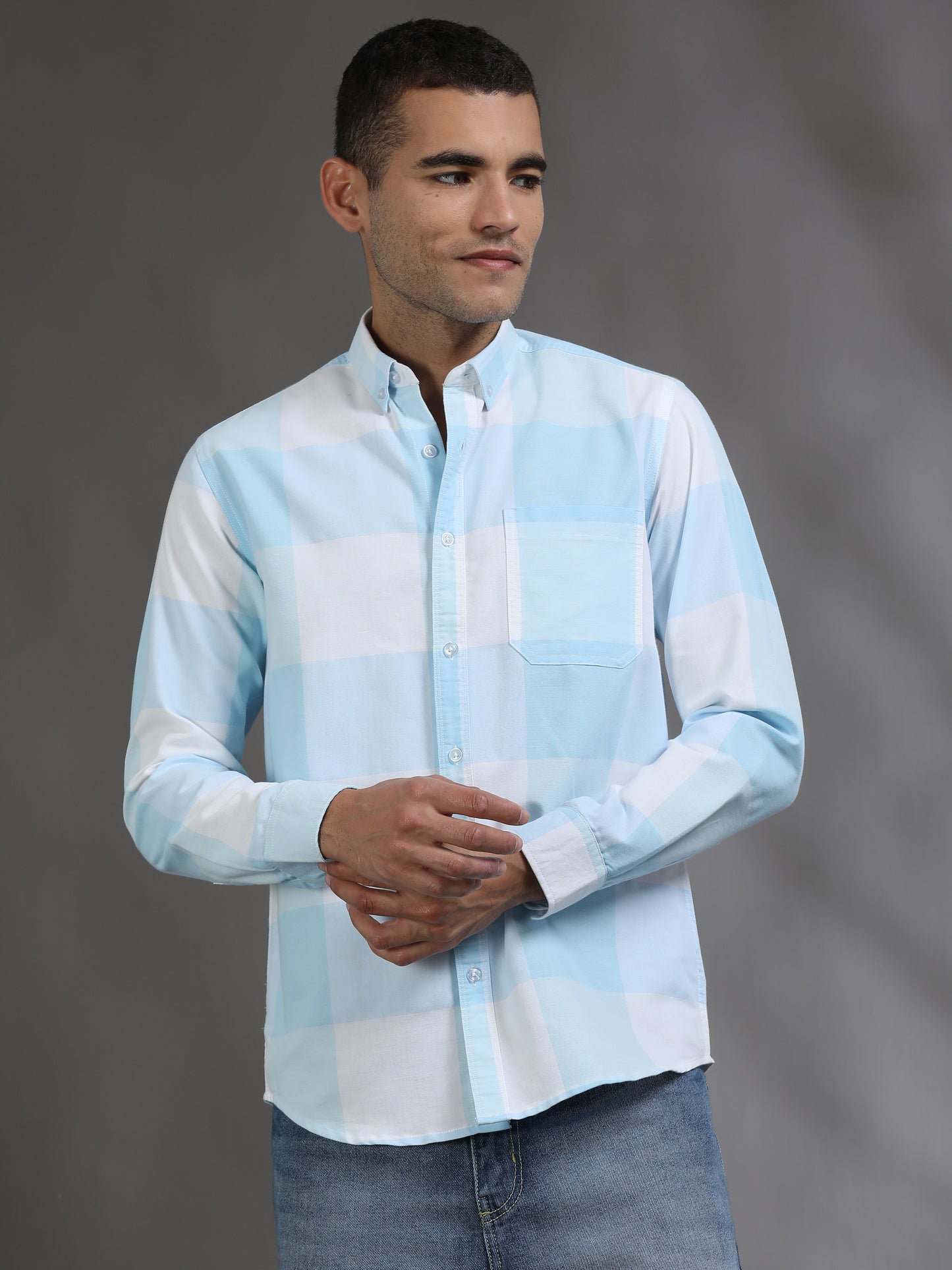 Light Blue and White Check Shirt for Men