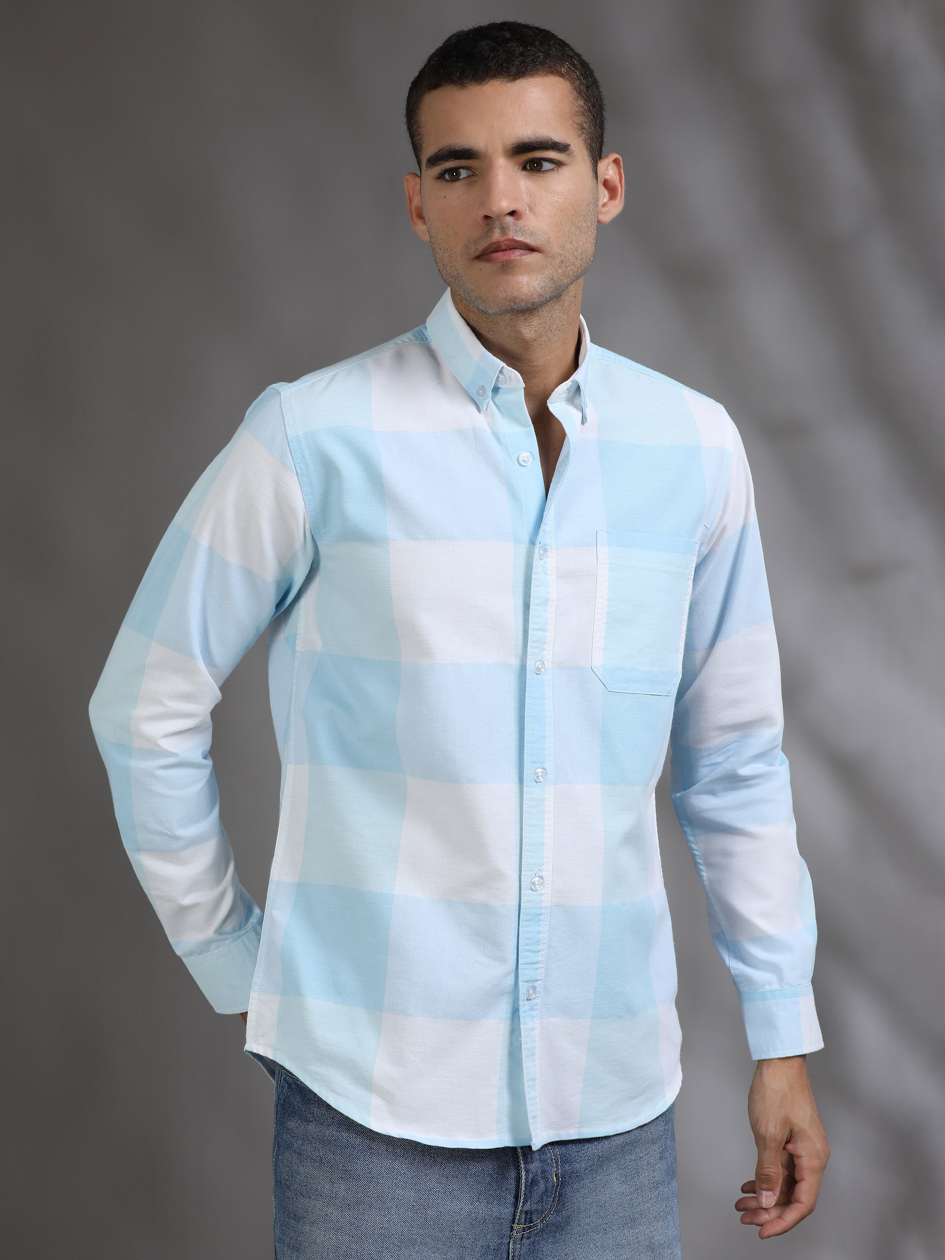 Light Blue and White Check Shirt for Men