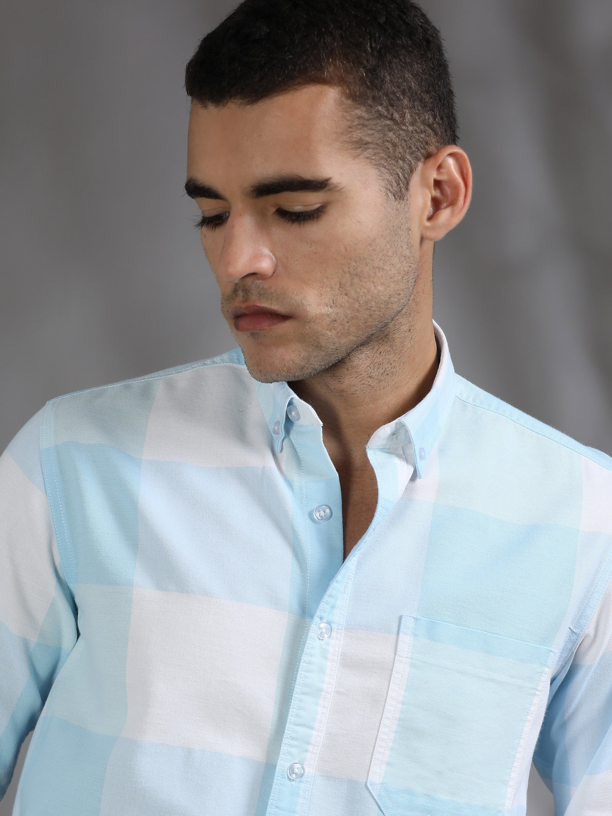 Light Blue and White Check Shirt for Men