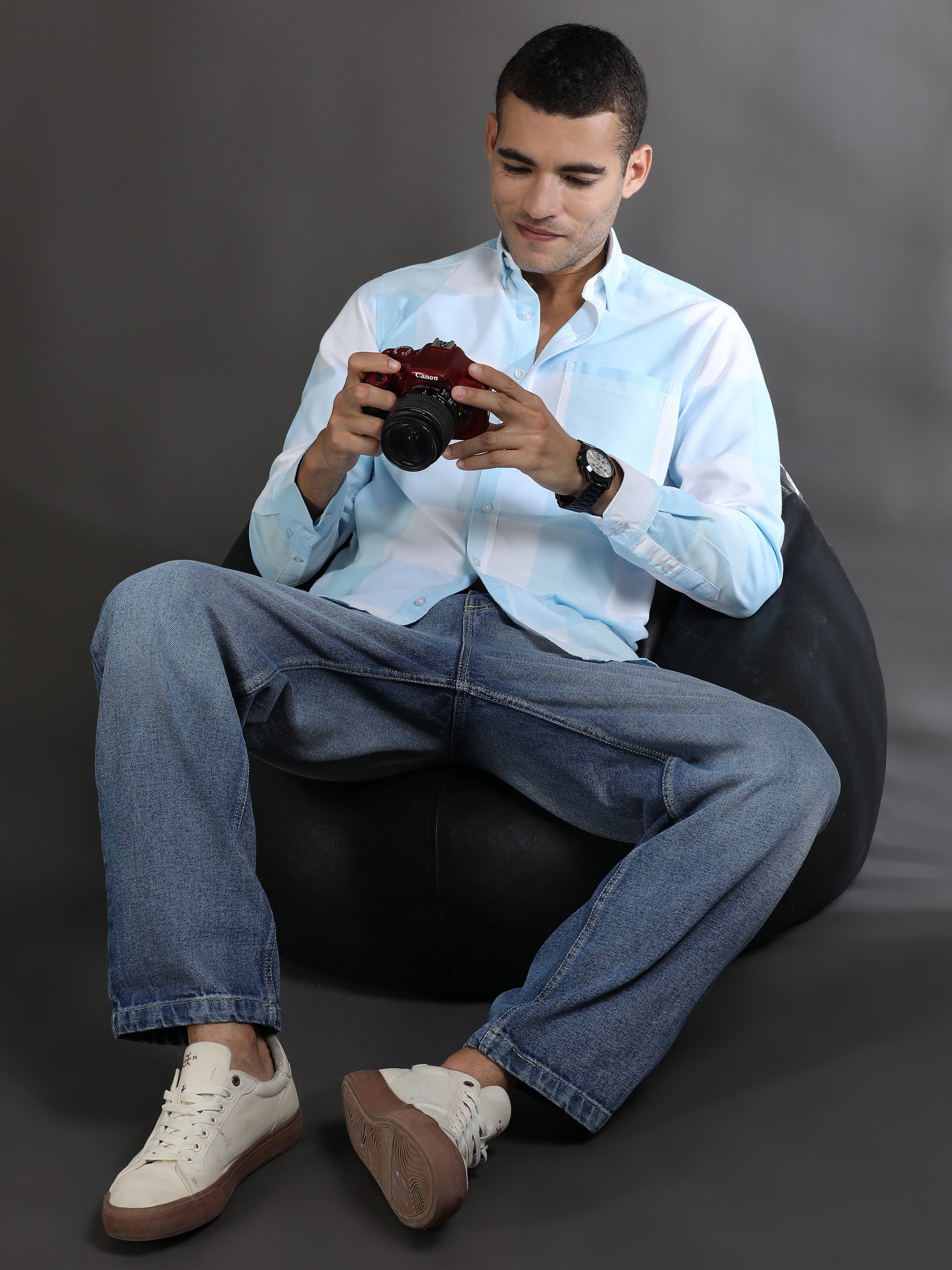 Light Blue and White Check Shirt for Men