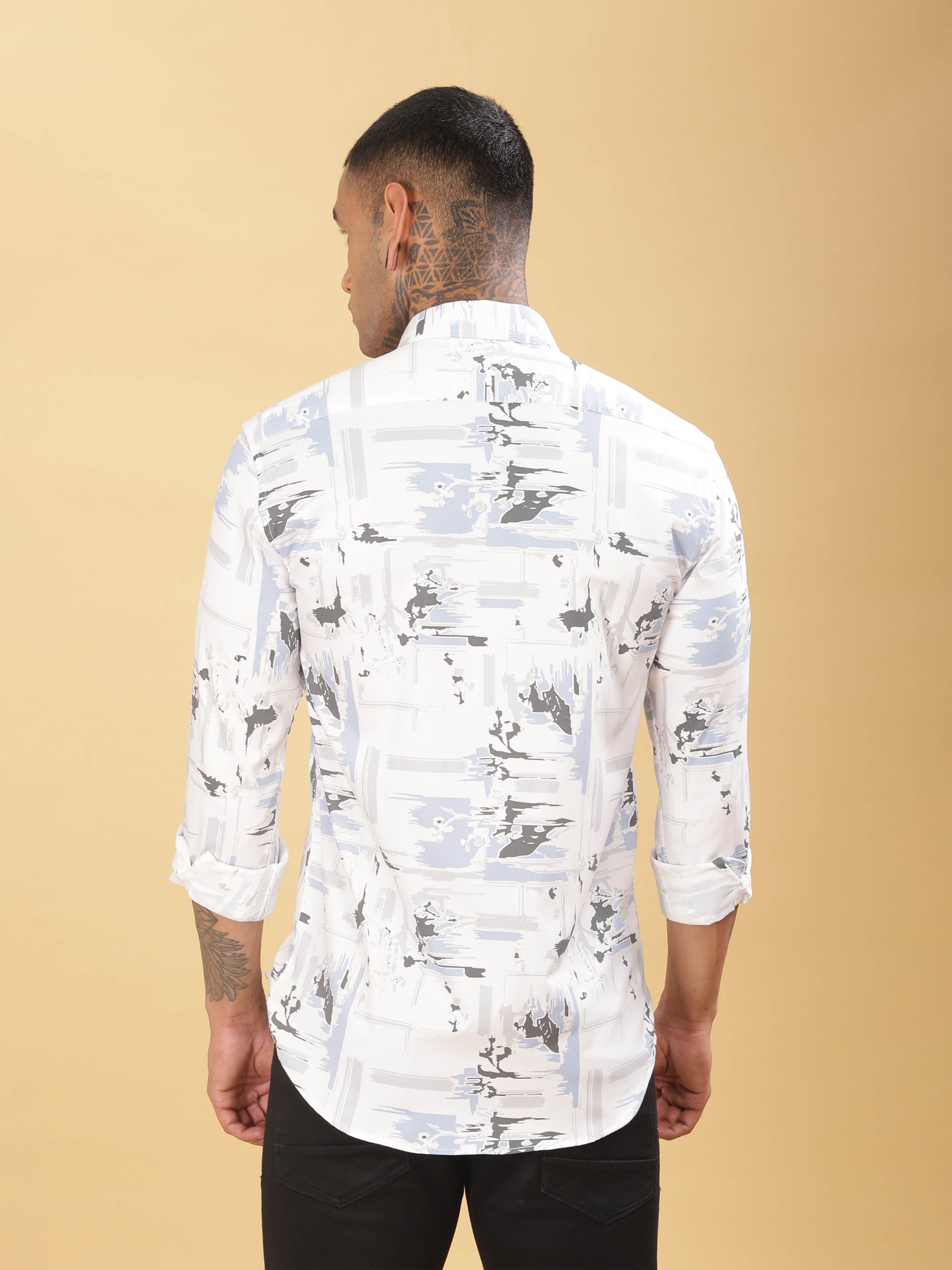 Mens Grey & White Abstract Printed Shirt