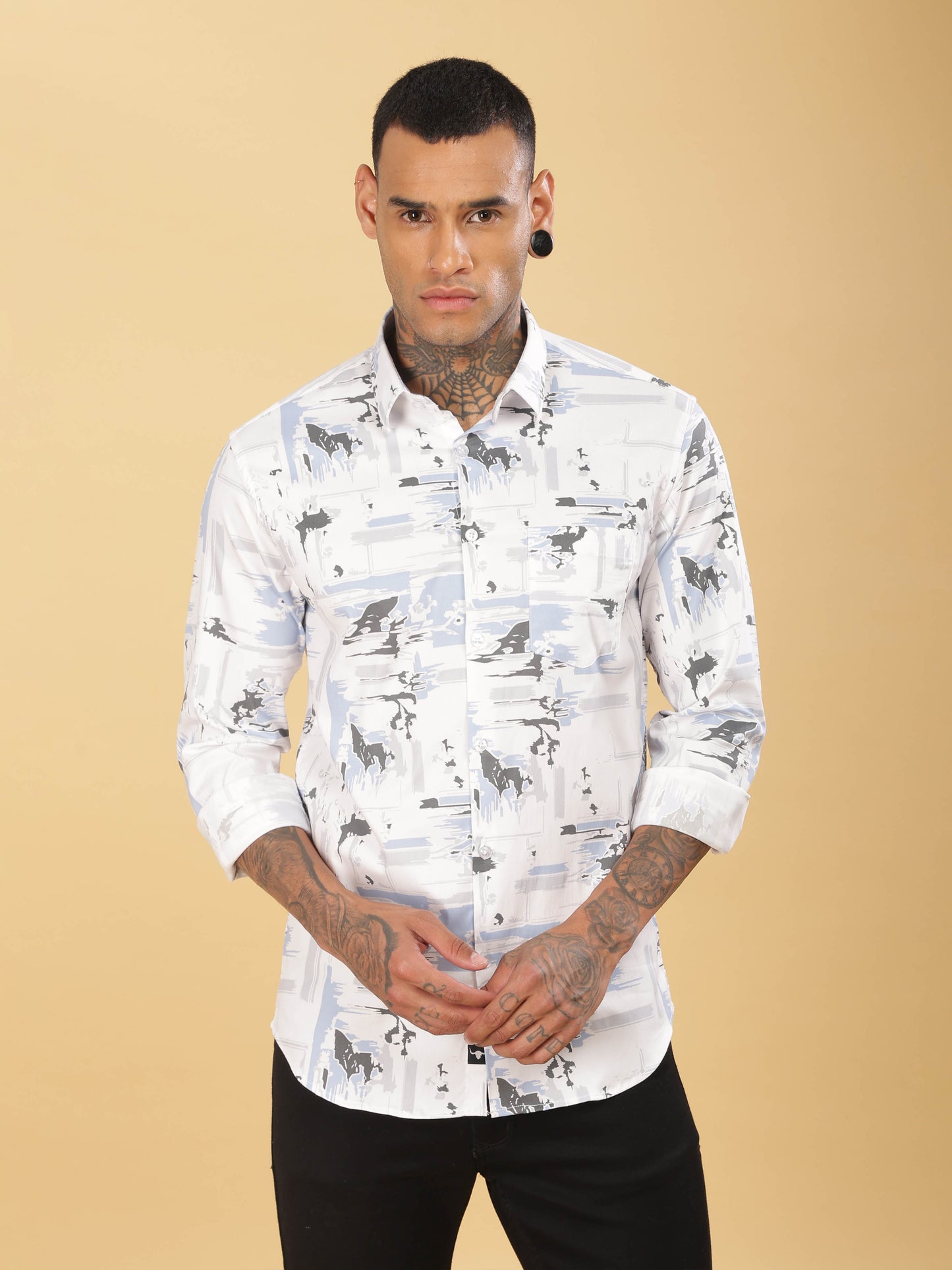 Mens Grey & White Abstract Printed Shirt