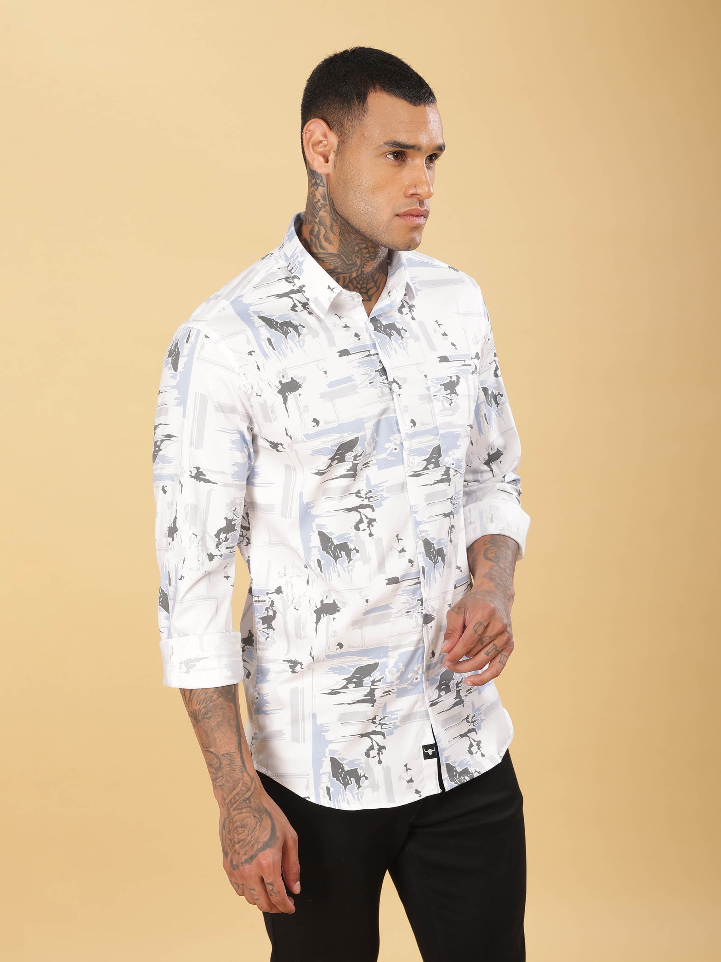 Mens Grey & White Abstract Printed Shirt