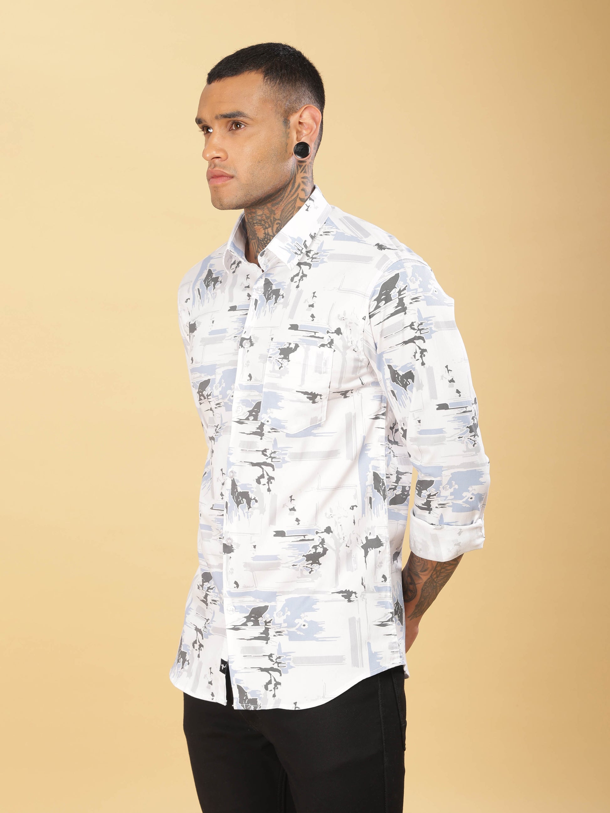 Mens Grey & White Abstract Printed Shirt