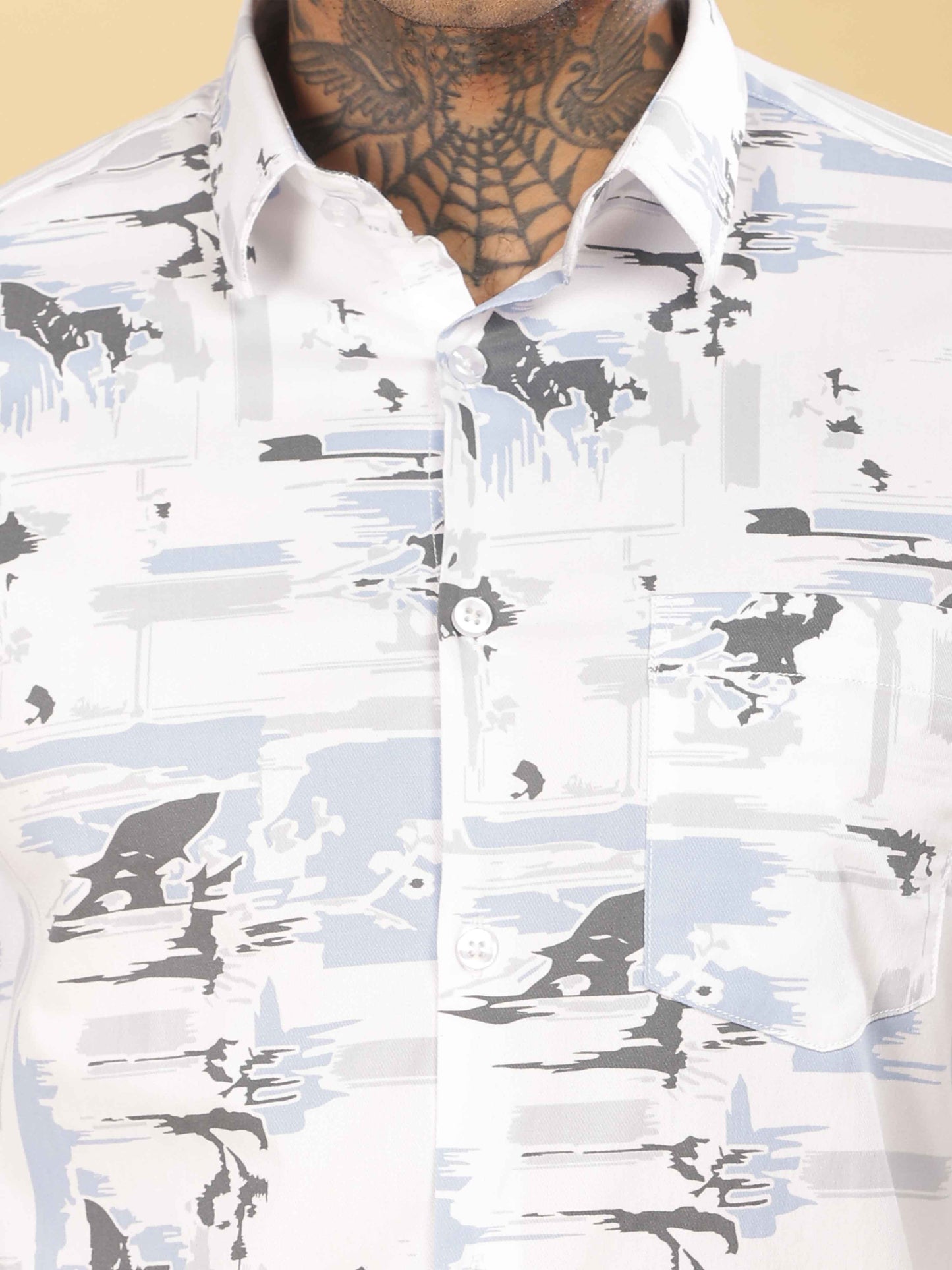 Mens Grey & White Abstract Printed Shirt