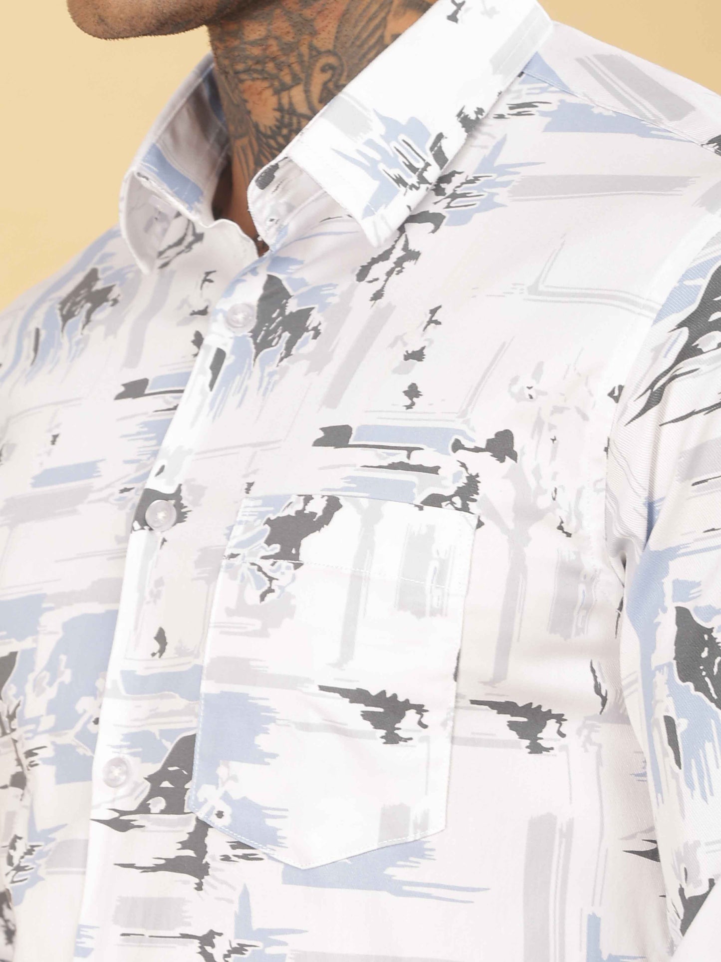 Mens Grey & White Abstract Printed Shirt