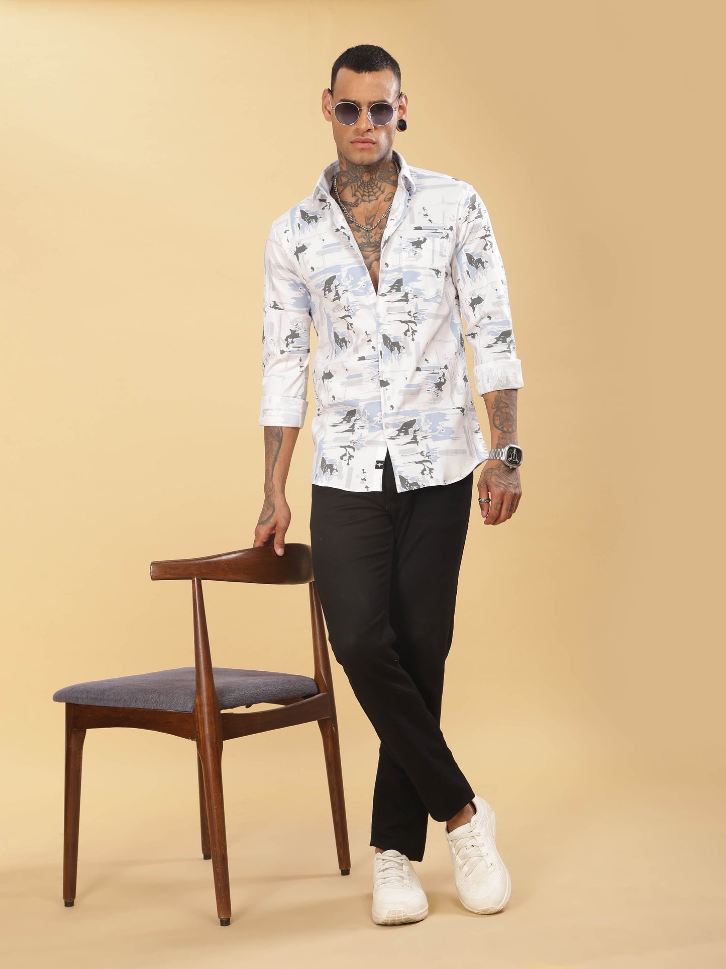 Mens Grey & White Abstract Printed Shirt