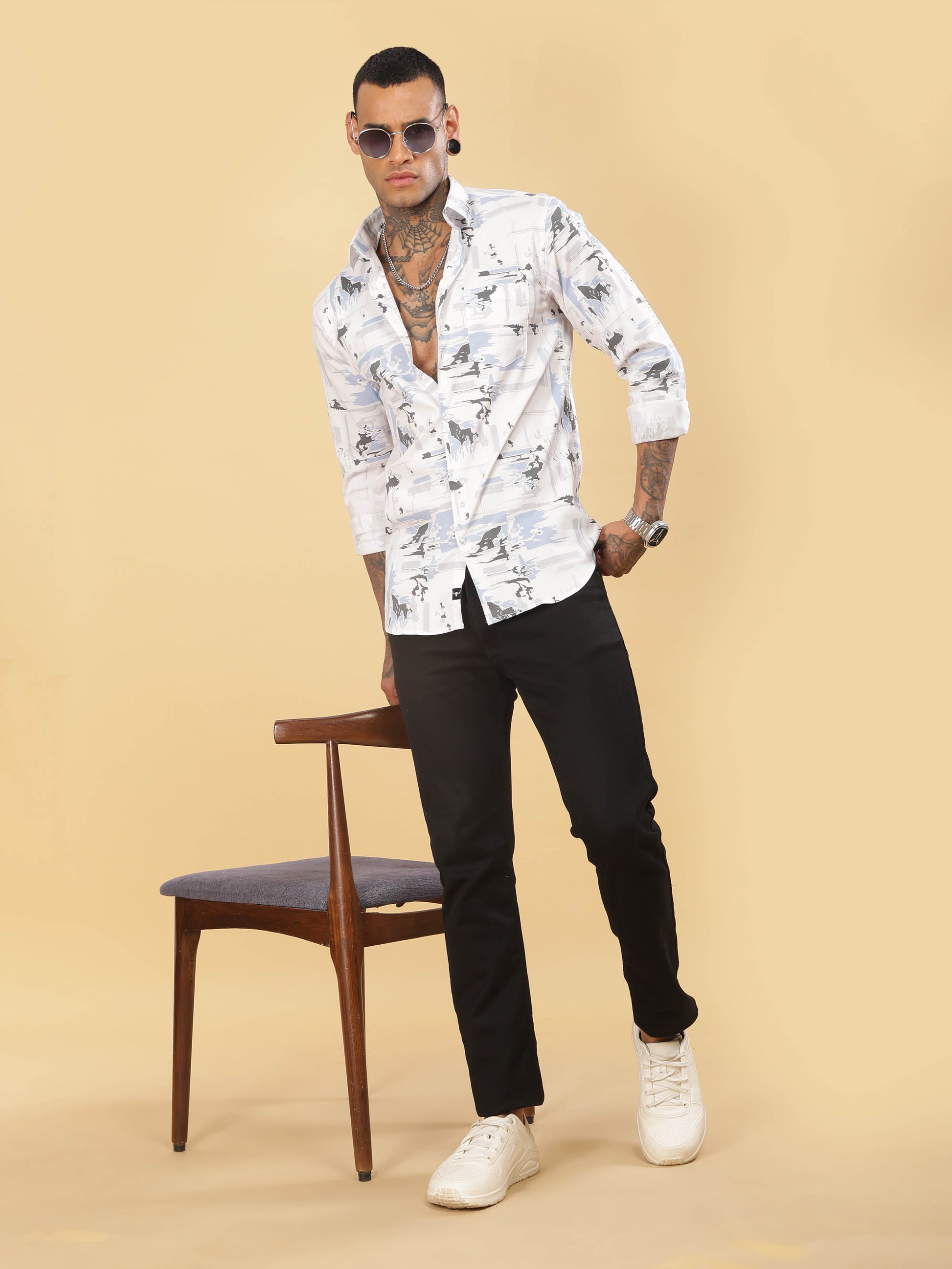 Mens Grey & White Abstract Printed Shirt