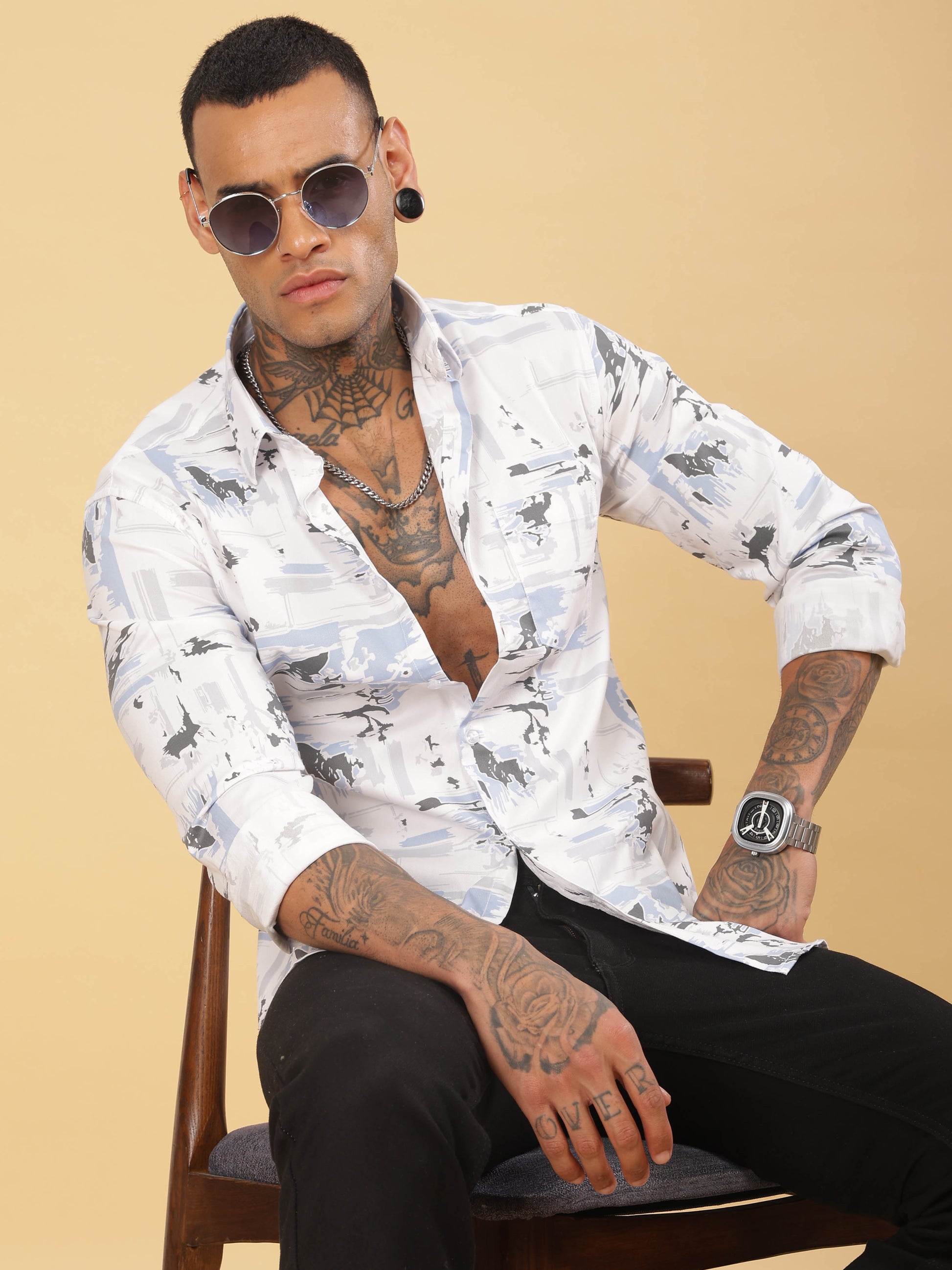 Mens Grey & White Abstract Printed Shirt