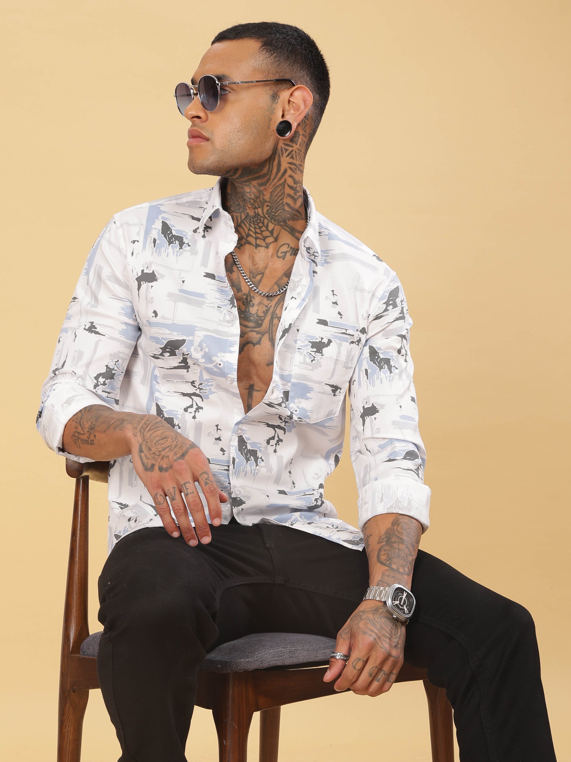 Mens Grey & White Abstract Printed Shirt