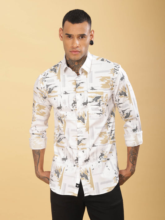  Grey & Golden Abstract Printed Shirt for Men